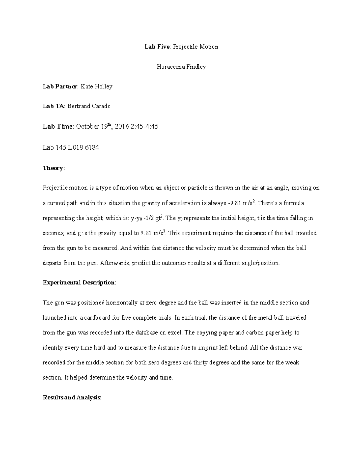 Lab five Lab Five Projectile Motion Lab Five Projectile Motion