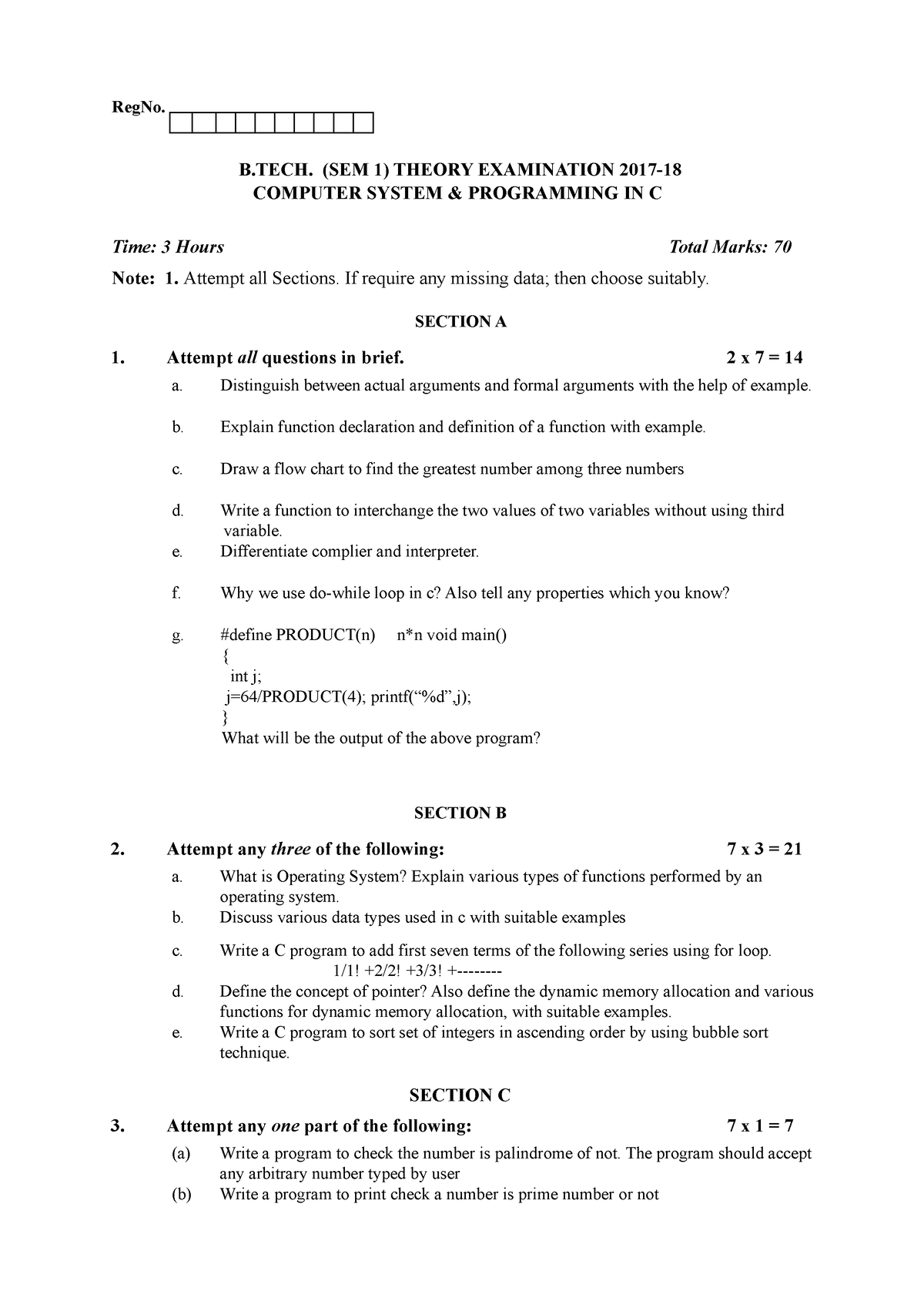 Computer System Programming - RegNo. B. (SEM 1) THEORY EXAMINATION 2017 ...