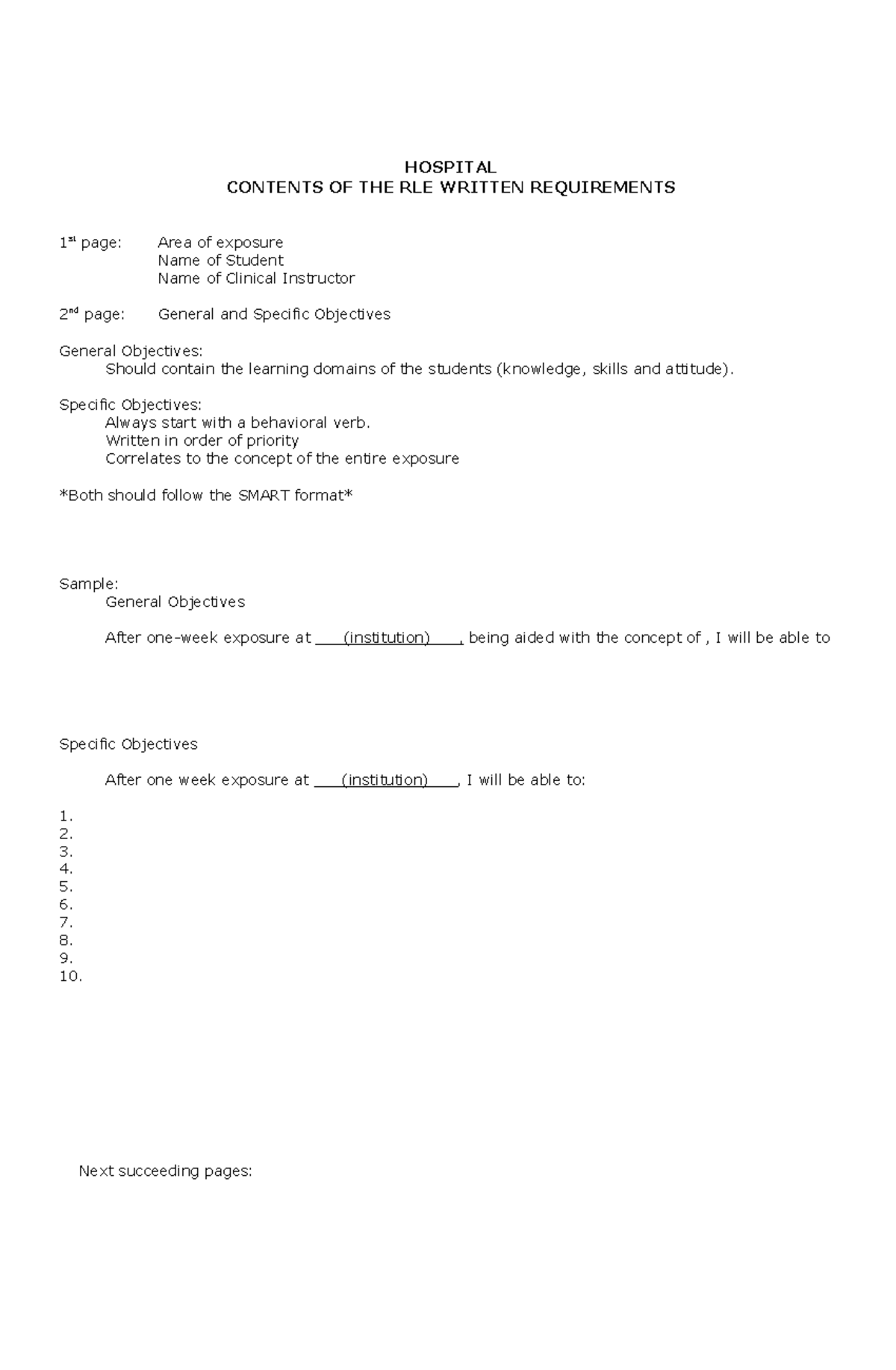 Copy of Contents OF THE RLE Written Requirements - HOSPITAL CONTENTS OF ...