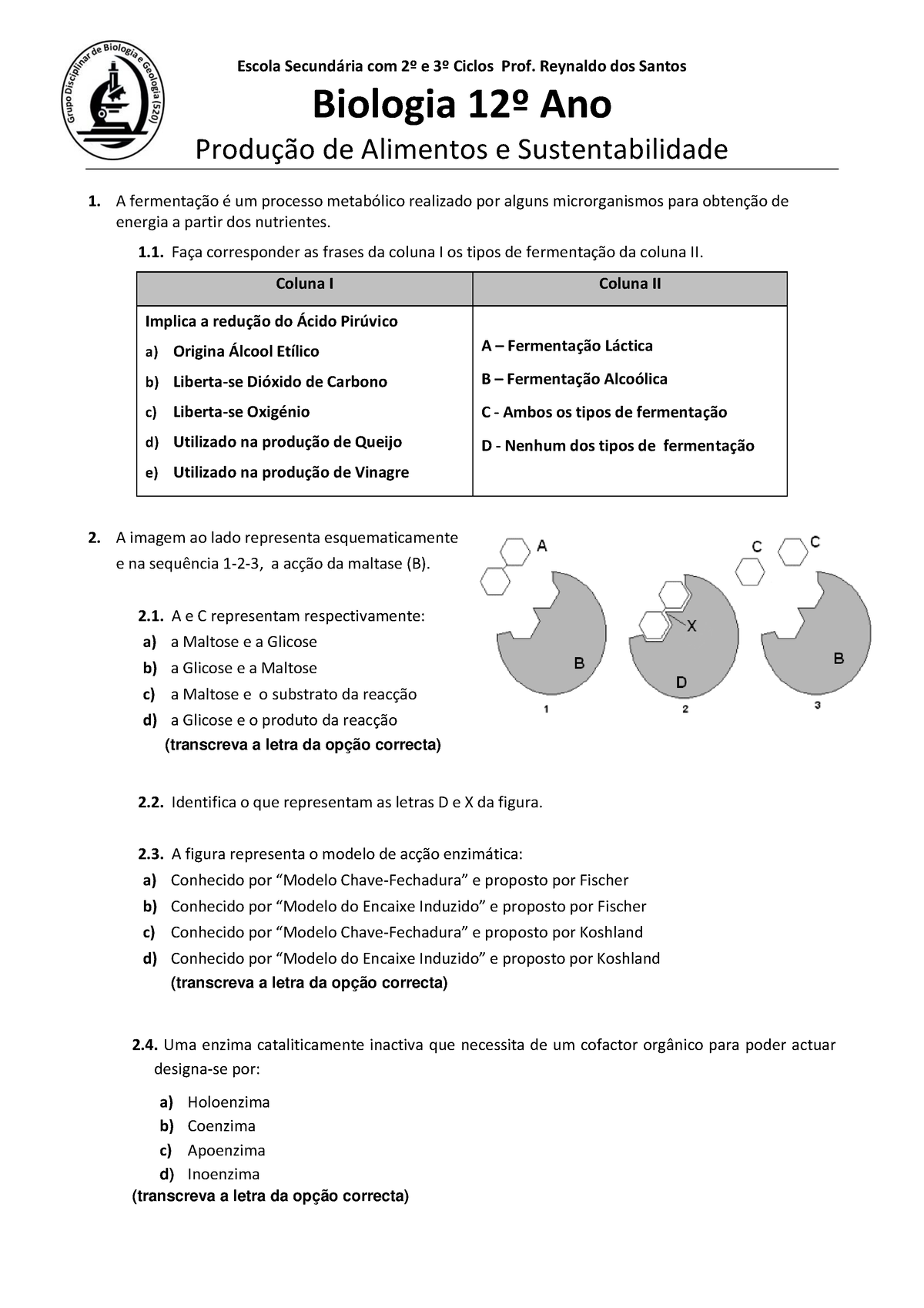 Teste Bio12 Aliment 09 10 - Escola Secundária Com 2º E 3º Ciclos Prof ...