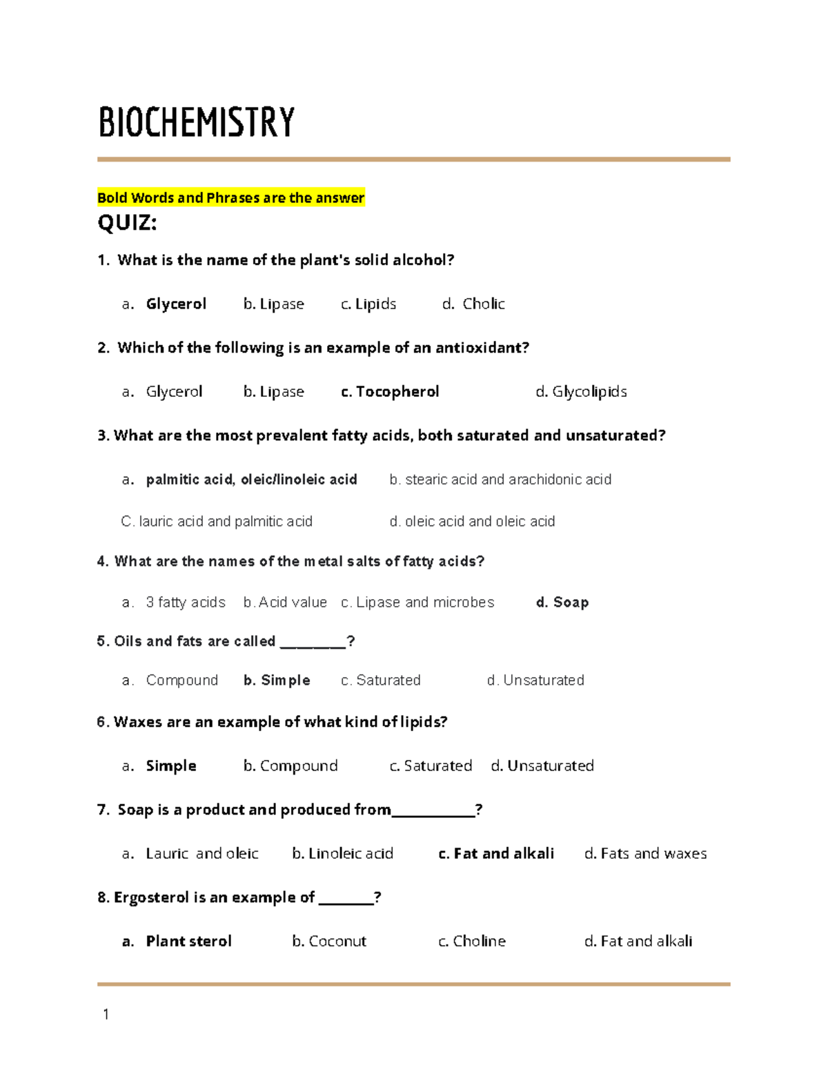 Bio Chem Quiz - This is a quiz material about Plant Fatty Acids ...