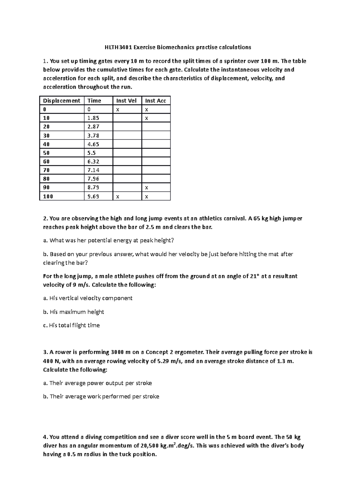 Calculation Questions - HLTH3401 Exercise Biomechanics practise ...