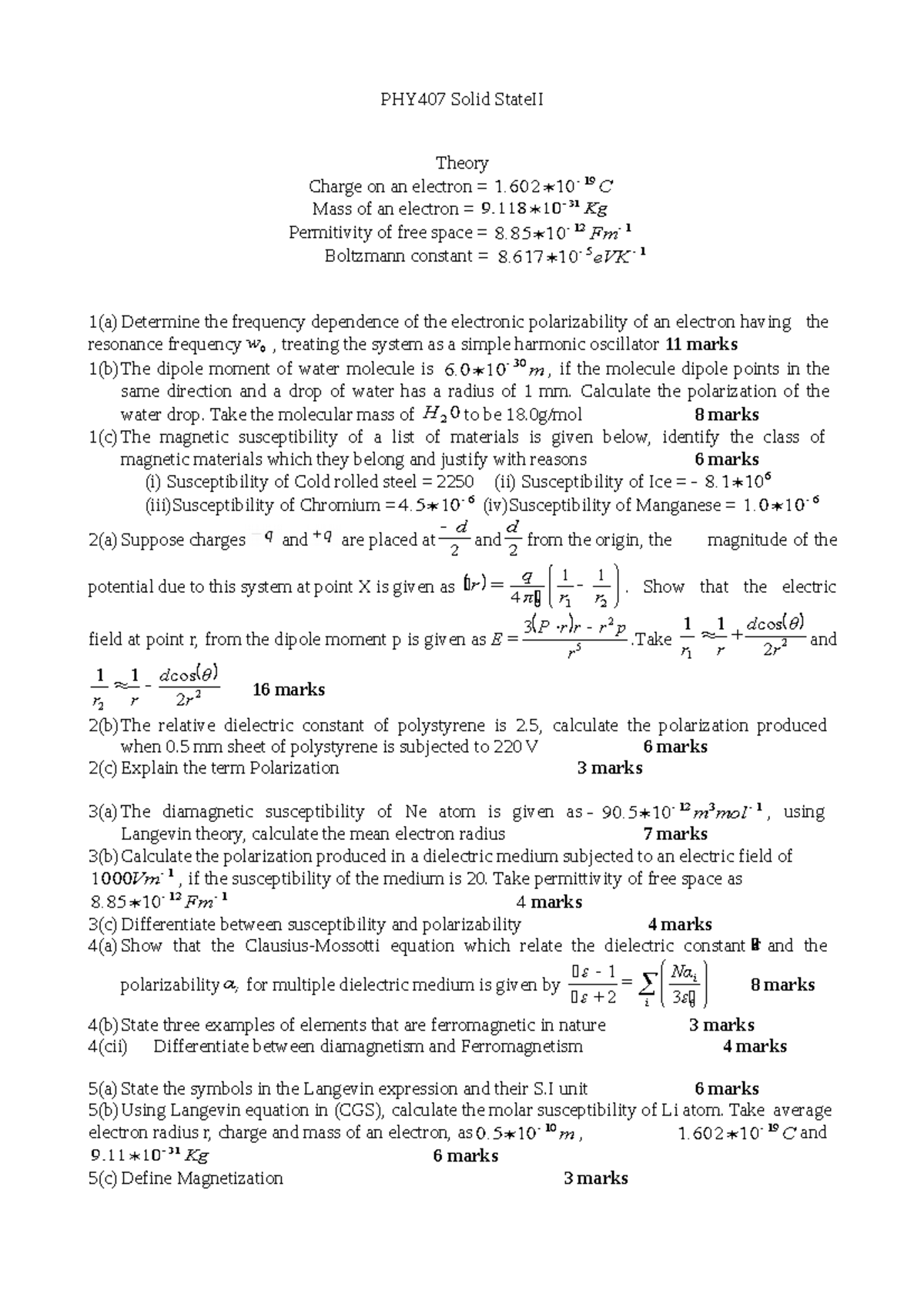 Solid States Questions Answers - PHY407 Solid StateII Theory Charge On ...