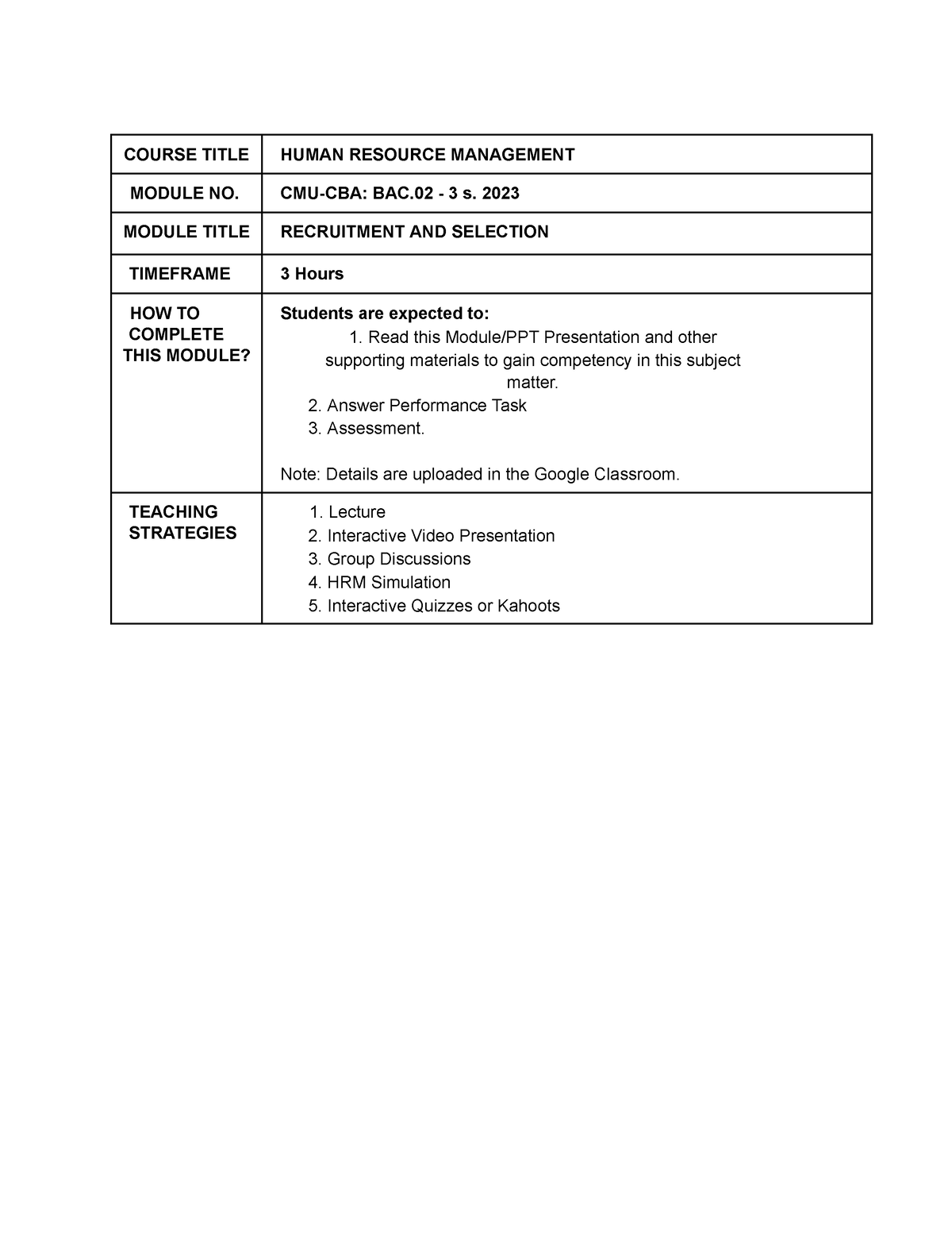 Module 3 Recruitment AND Selection - COURSE TITLE HUMAN RESOURCE ...