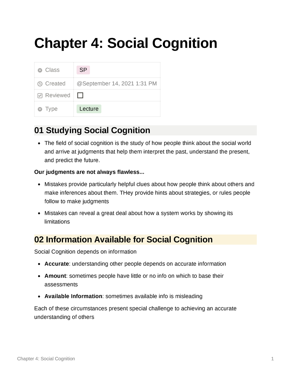 Chapter 4 Social Cognition - Chapter 4: Social Cognition Class SP ...