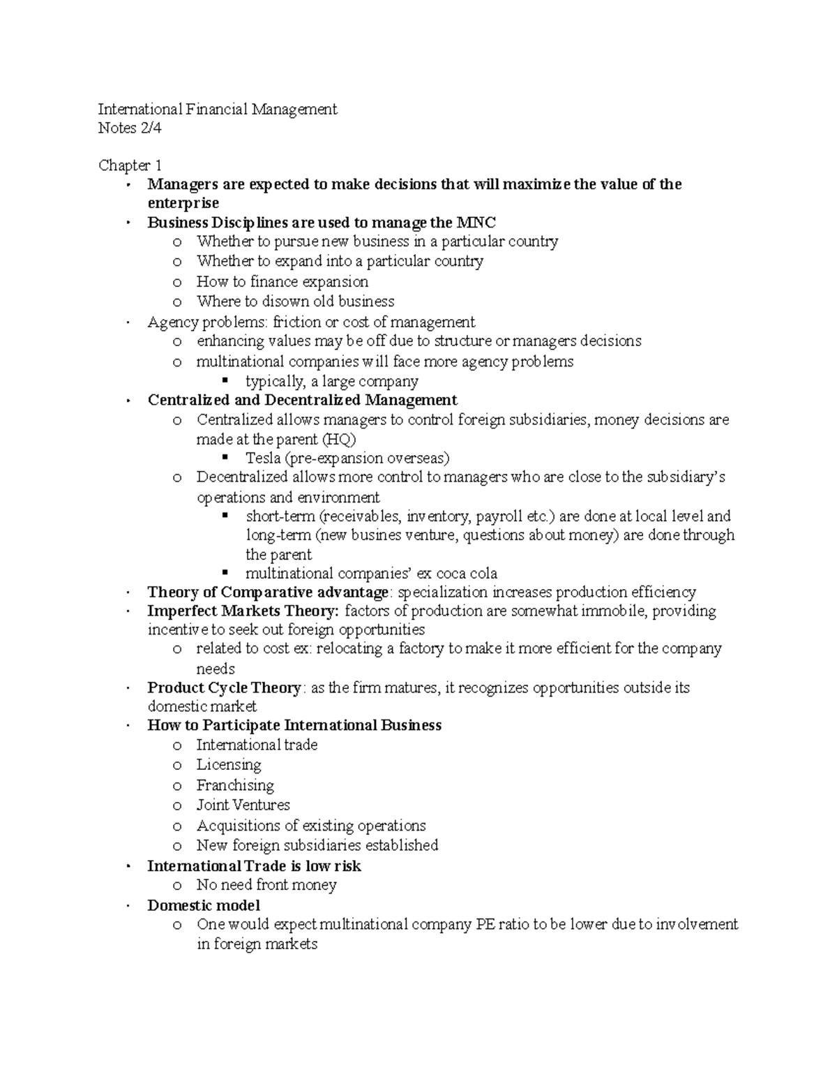 Chapter 1 notes - International Financial Management Notes 2/ Chapter 1 ...