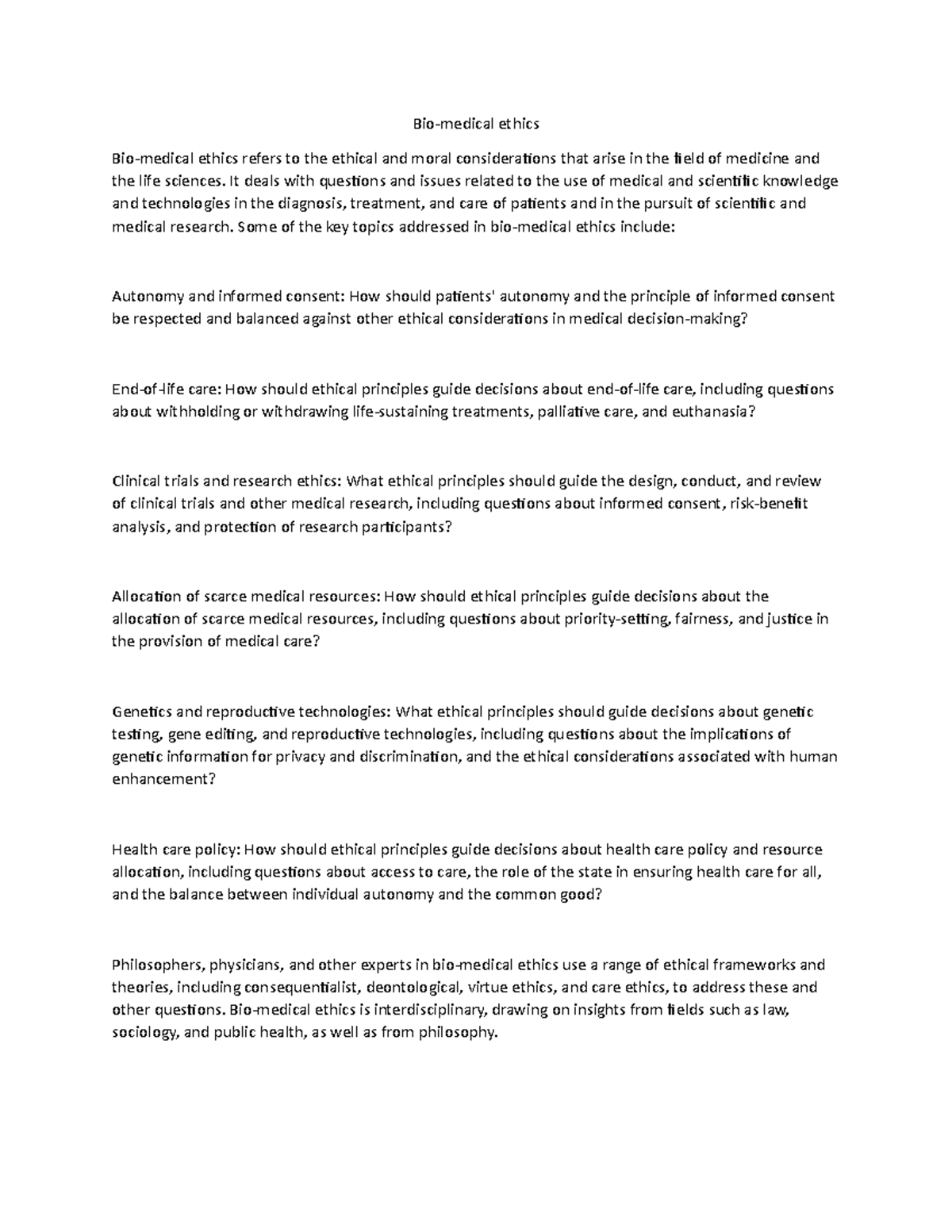 Biomedical ethics Biomedical ethics Biomedical ethics refers to