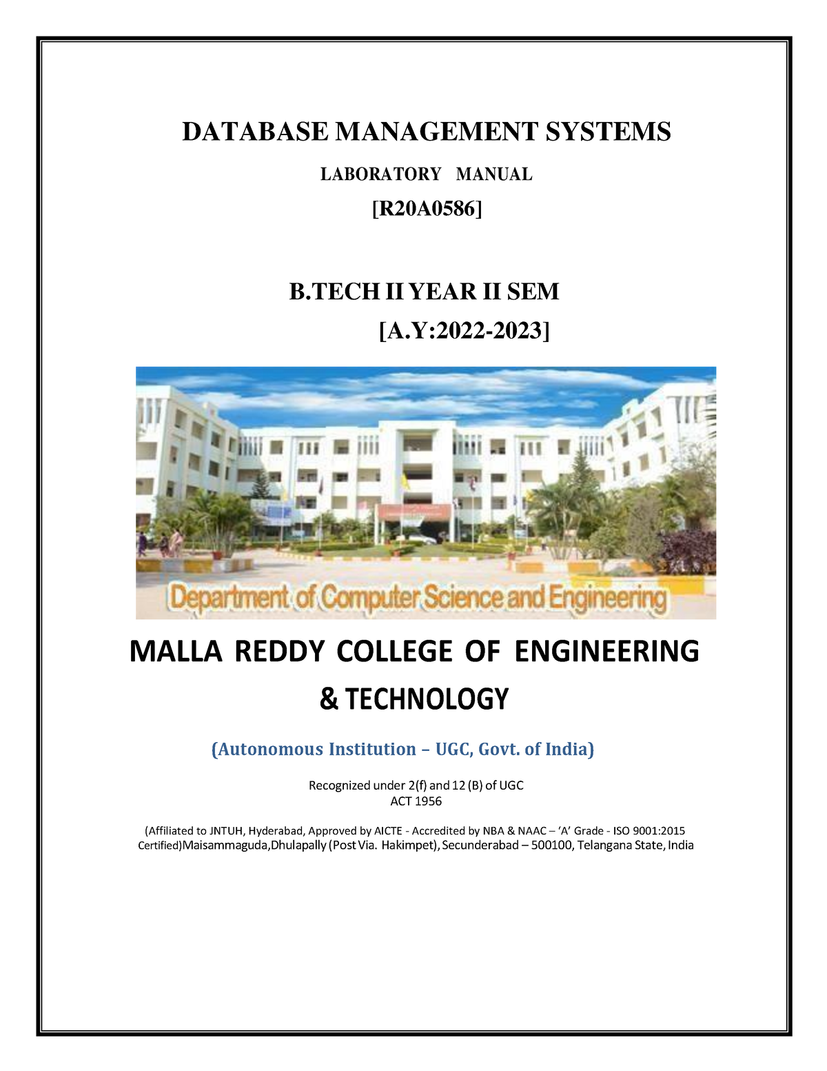 DBMS LAB Manual (R20A0586) - DATABASE MANAGEMENT SYSTEMS LABORATORY ...