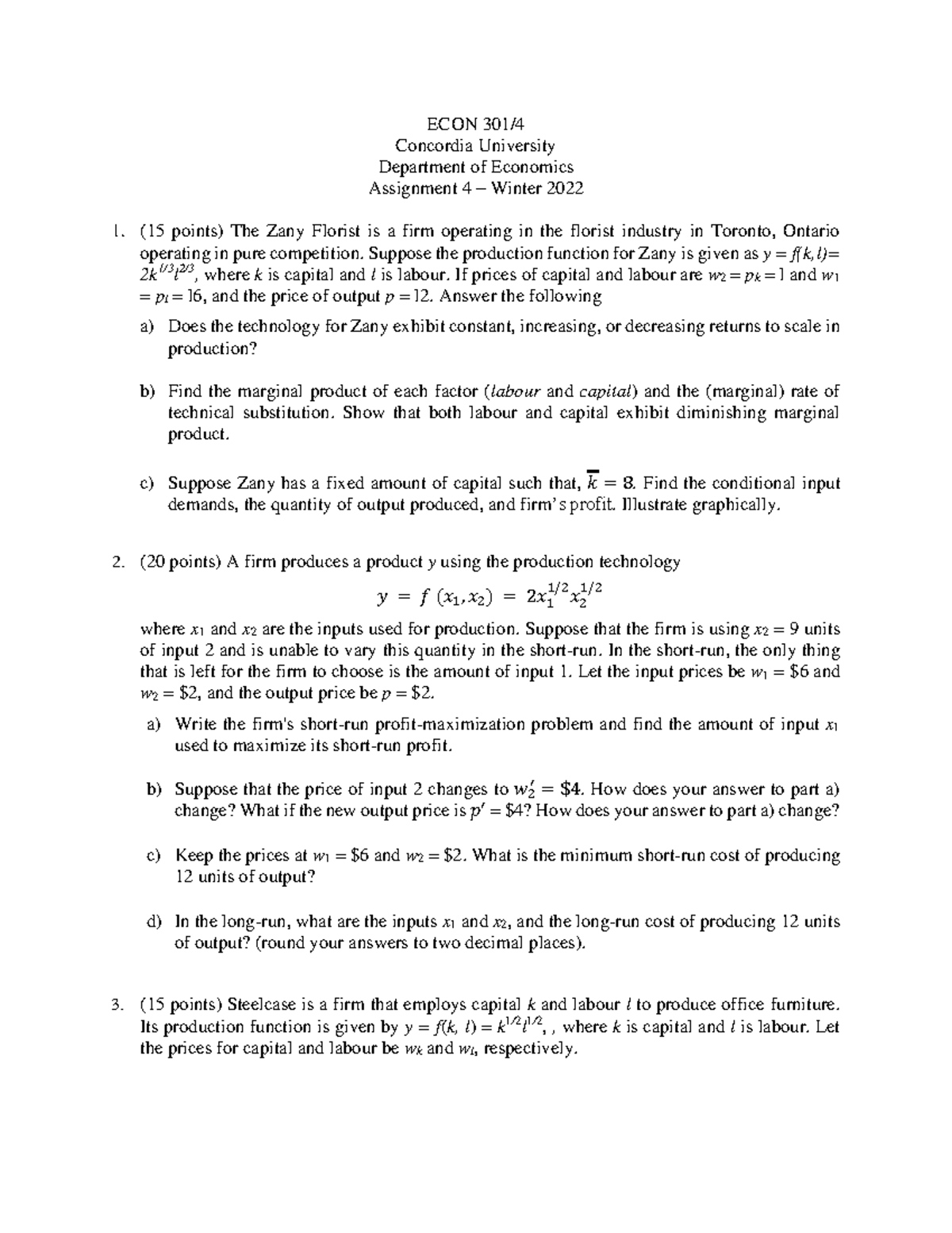 Assignment #4 Winter 2022 ECON 301 - ECON 301 - Concordia - Studocu