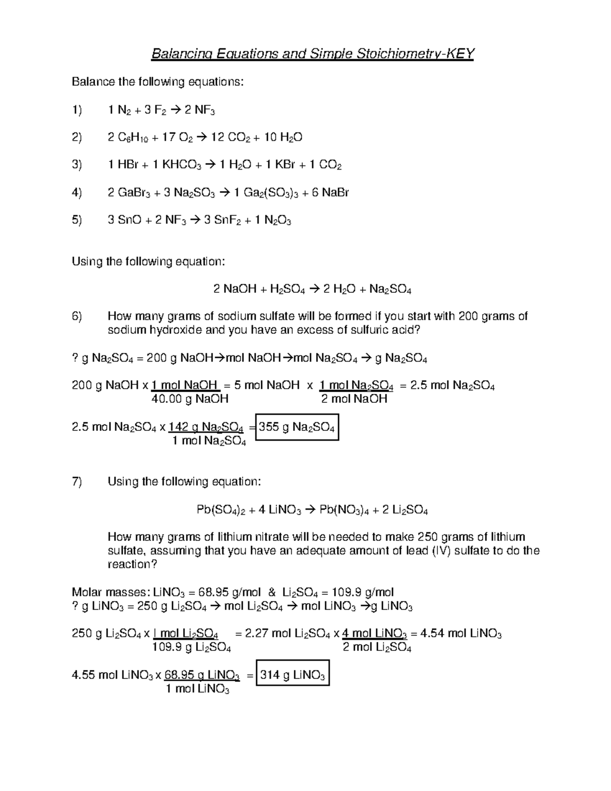 Practice stoichiometry 1 KEY - Balancing Equations and Simple ...