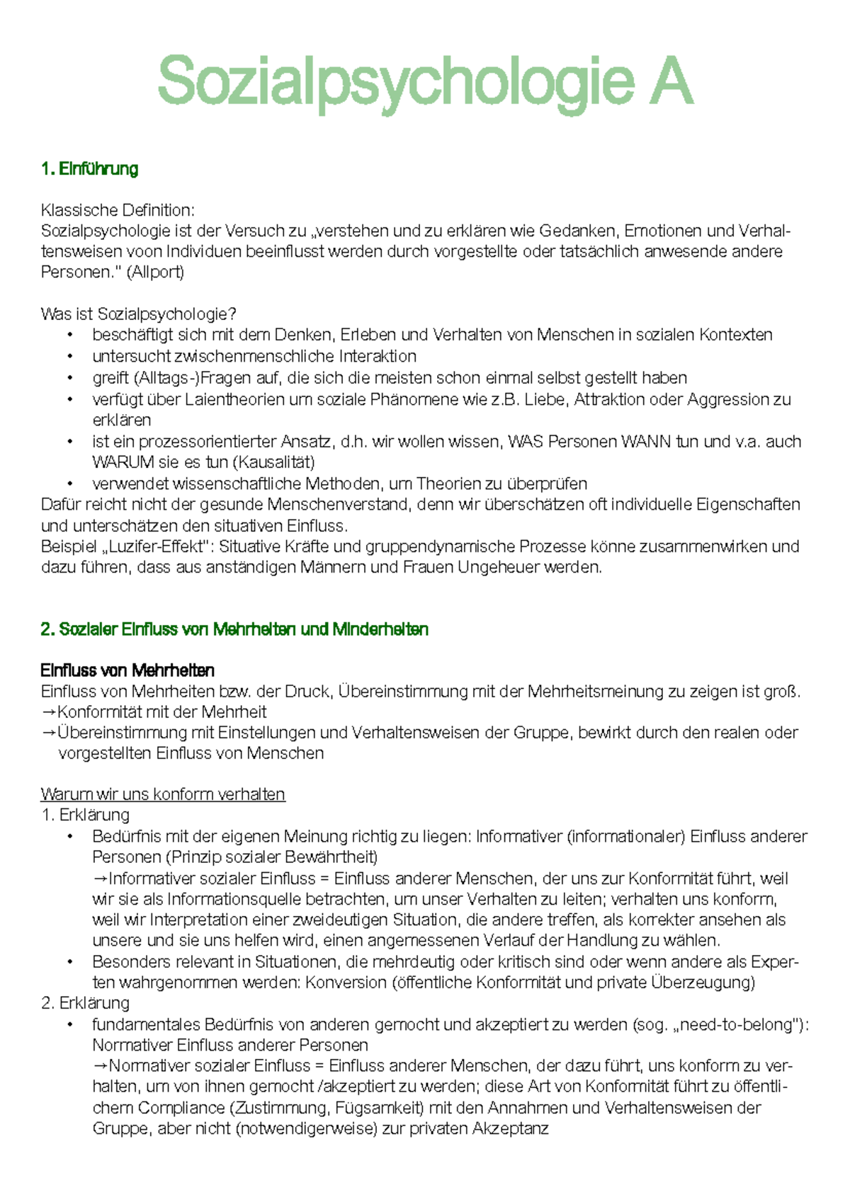 Zusammenfassung Sozial A - Sozialpsychologie A Einführung Klassische Definition ...