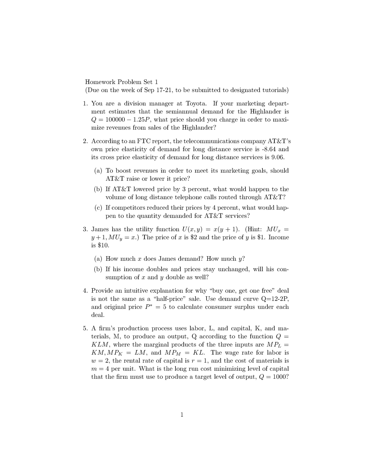 HW1 - Soln - Homework Problem Set 1 (Due On The Week Of Sep To Be ...