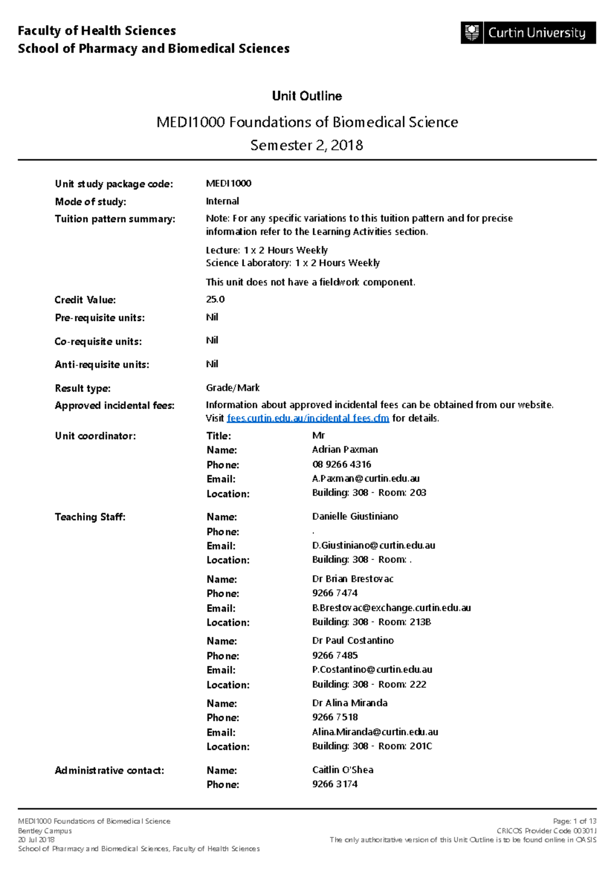 MEDI1000 Foundations of Biomedical Science Semester 2 2018 Bentley ...