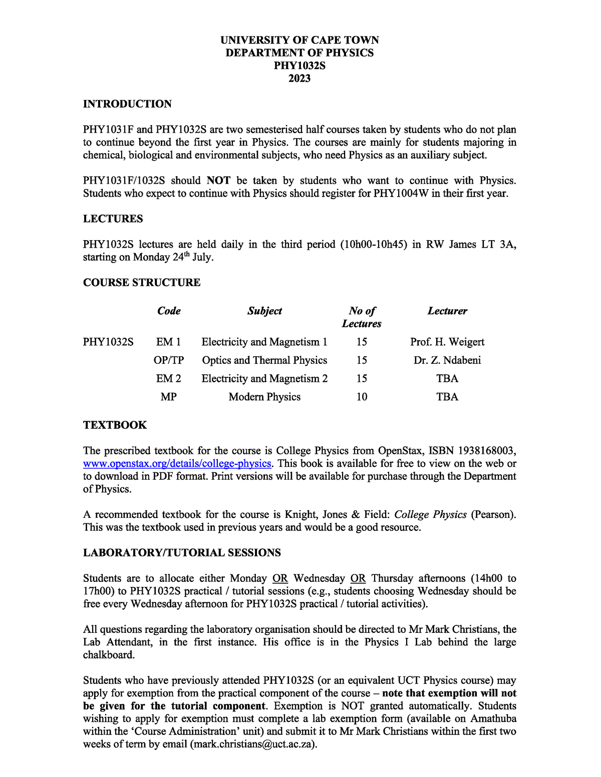 General Physics B Course Outline - PHY1032S - Studocu