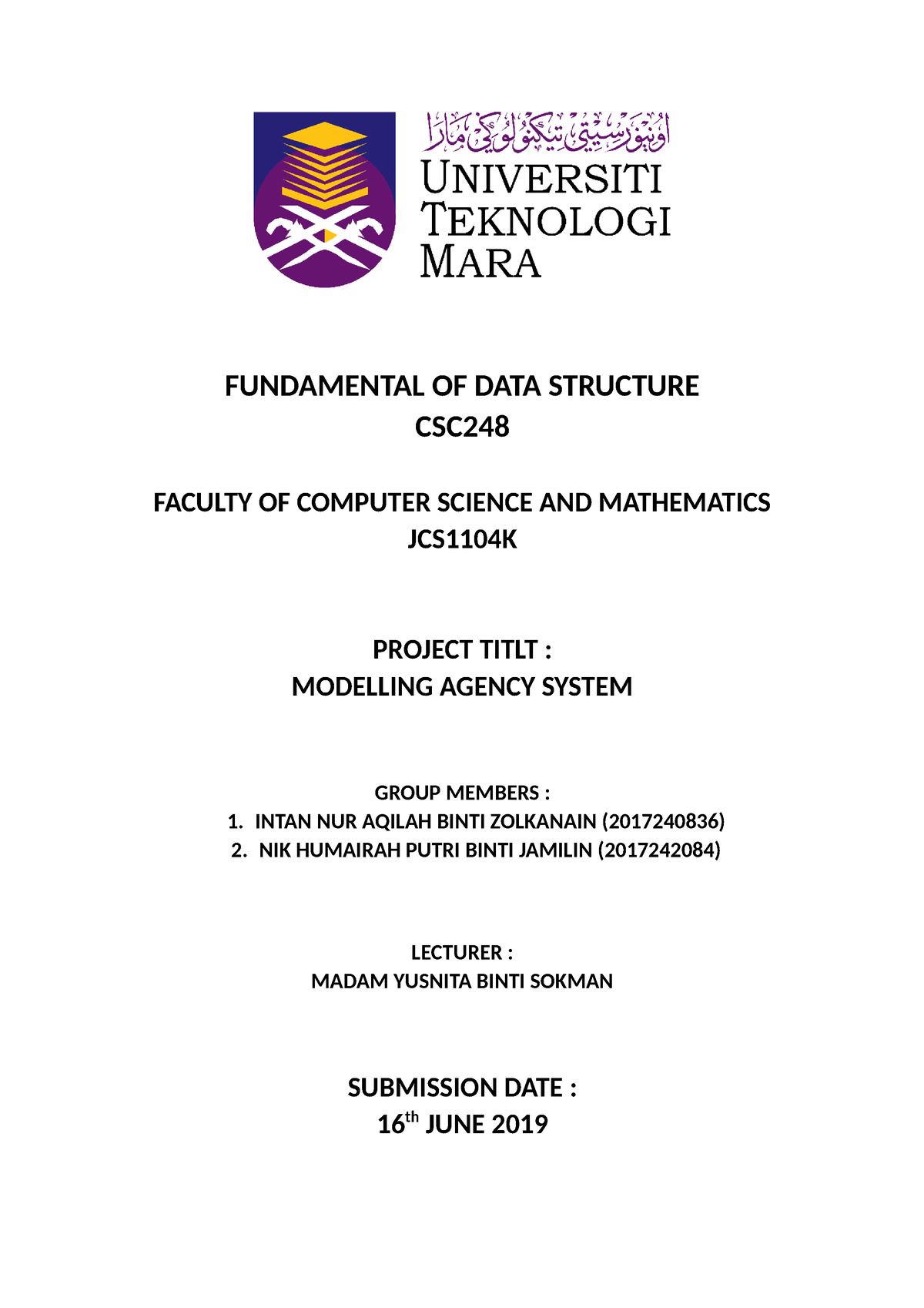 CSC248 Project Proposal - FUNDAMENTAL OF DATA STRUCTURE CSC FACULTY OF ...