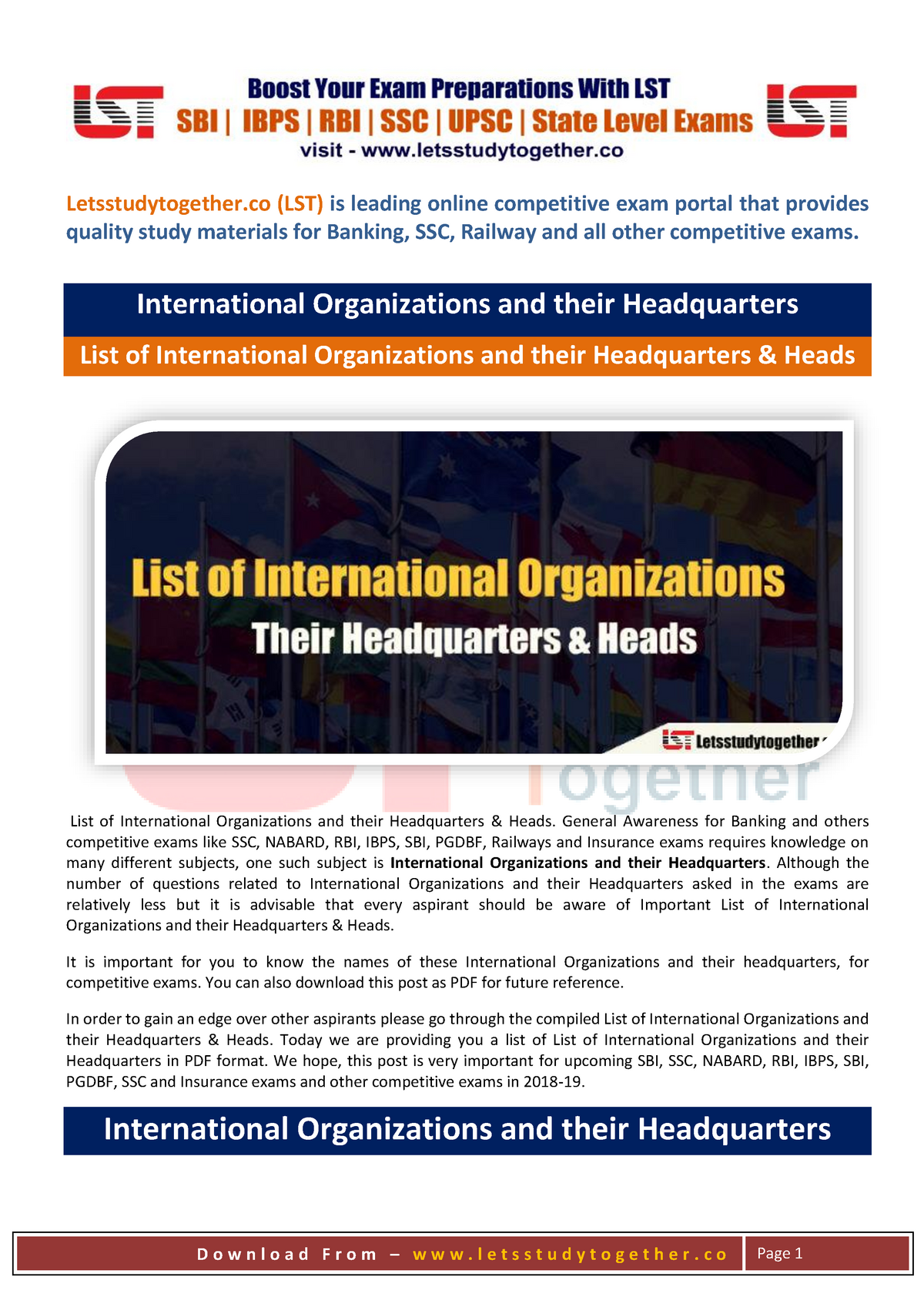 List Of International Organizations And Their Headquarters & Heads @www ...