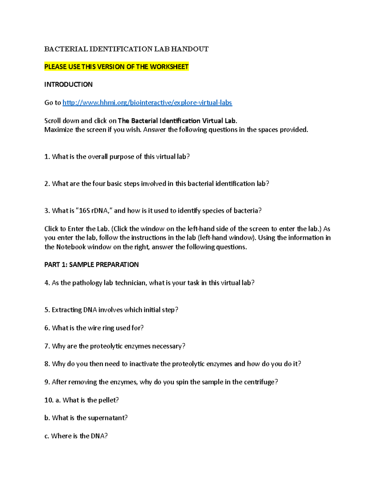 Bacteria ID WS Lab worksheet BACTERIAL IDENTIFICATION LAB HANDOUT