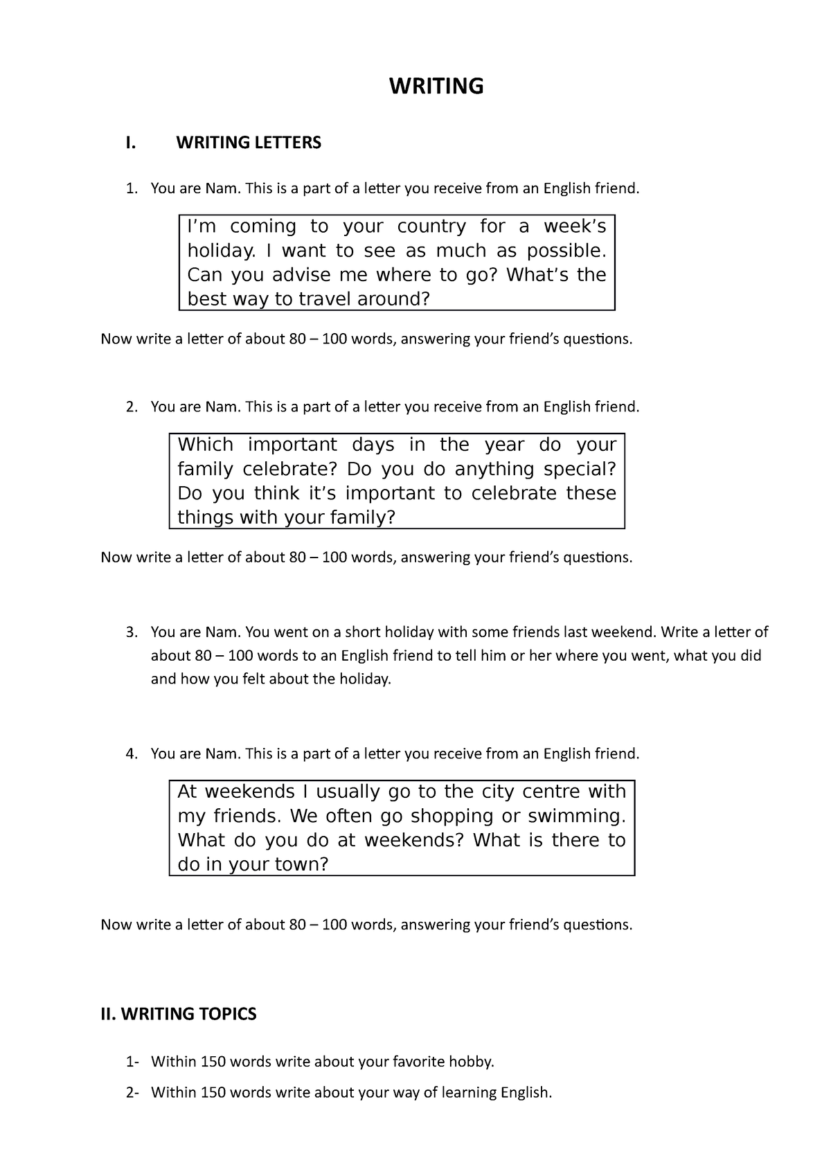 Writing B English - WRITING I. WRITING LETTERS 1. You Are Nam. This Is ...