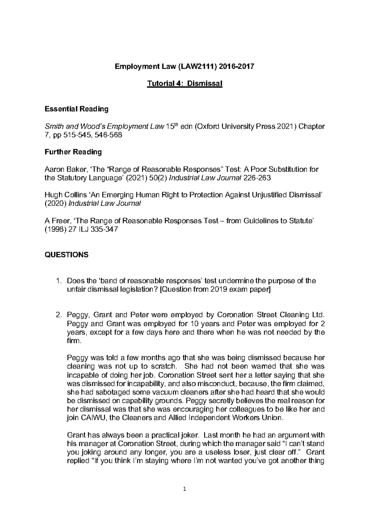 Tutorial Sheet 4 - Unfair Dismissal - 1 Employment Law (LAW2111) 2016 ...