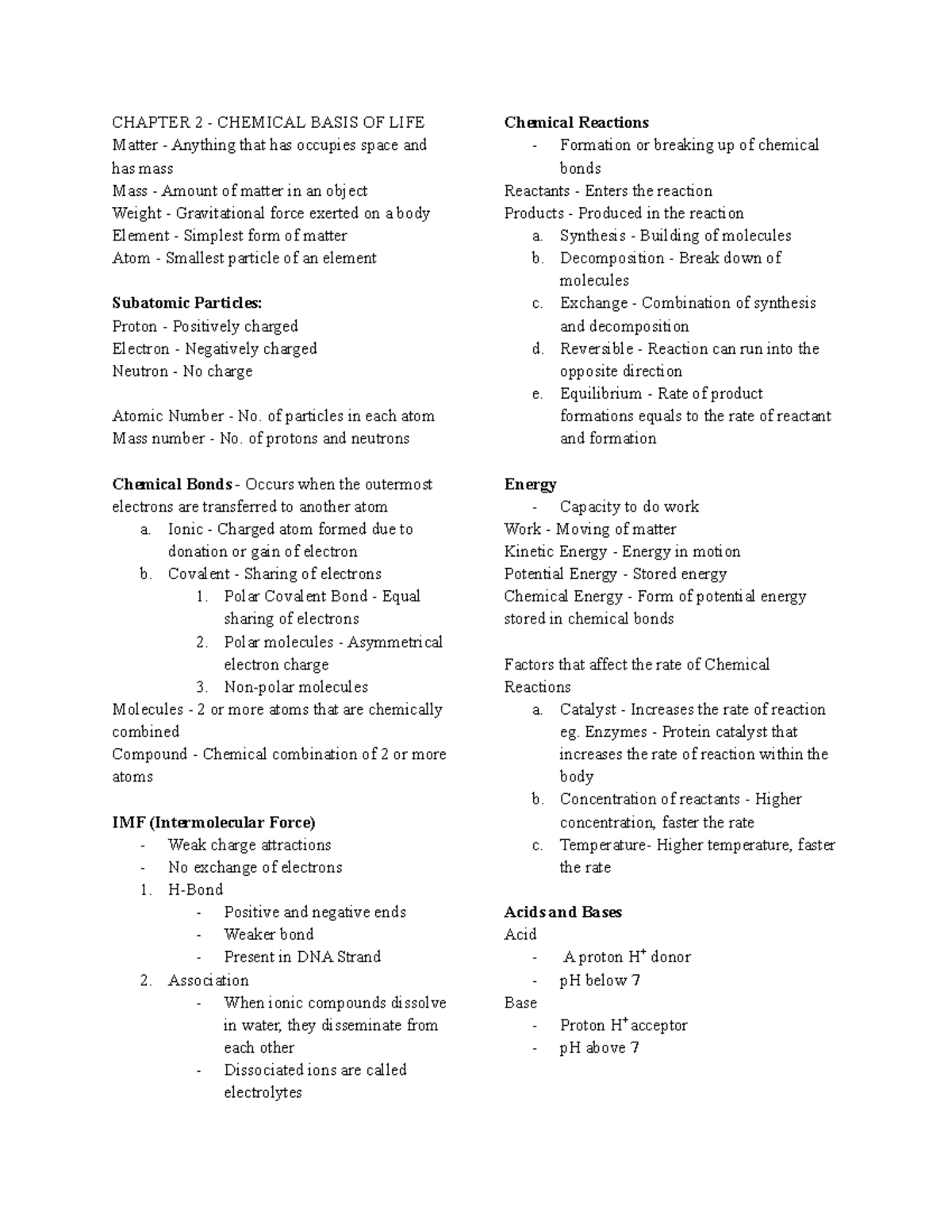 Anaphy Chapter 2 - Small reviewer for anatomy and physiology. Topic is ...