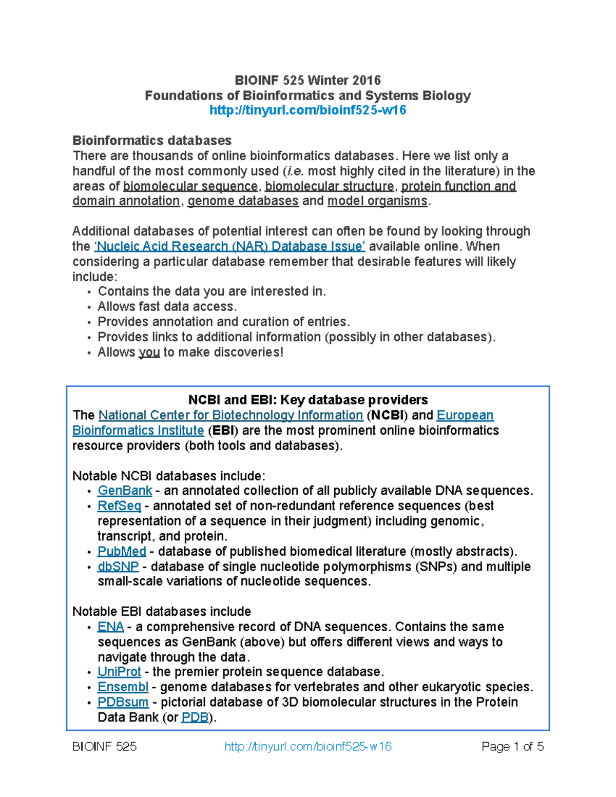 Major Databases W16 - Bioinformatics worksheet - BIOINF 525 Winter 2016 ...