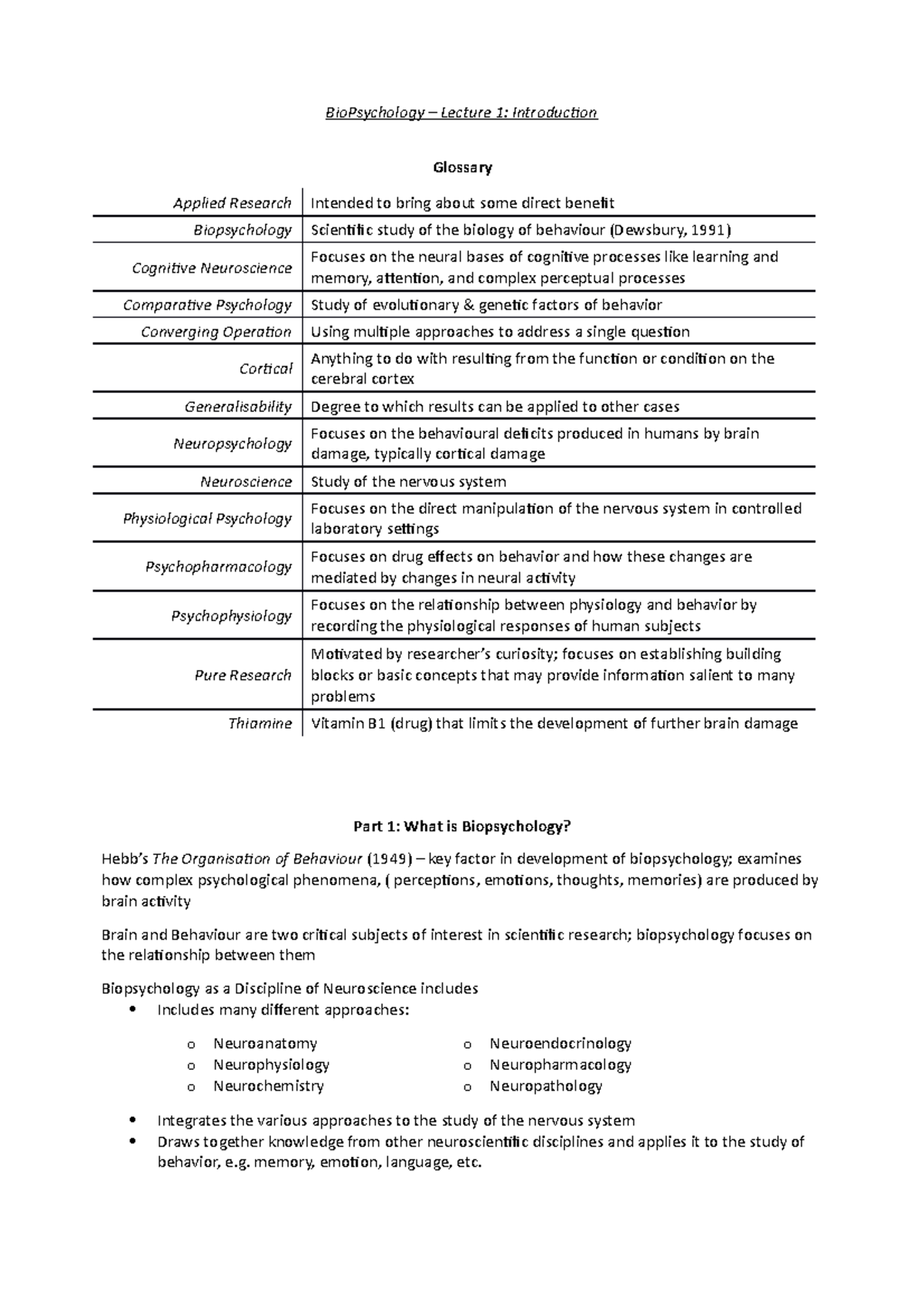 Introduction To Biological Psychology - BioPsychology – Lecture 1 ...