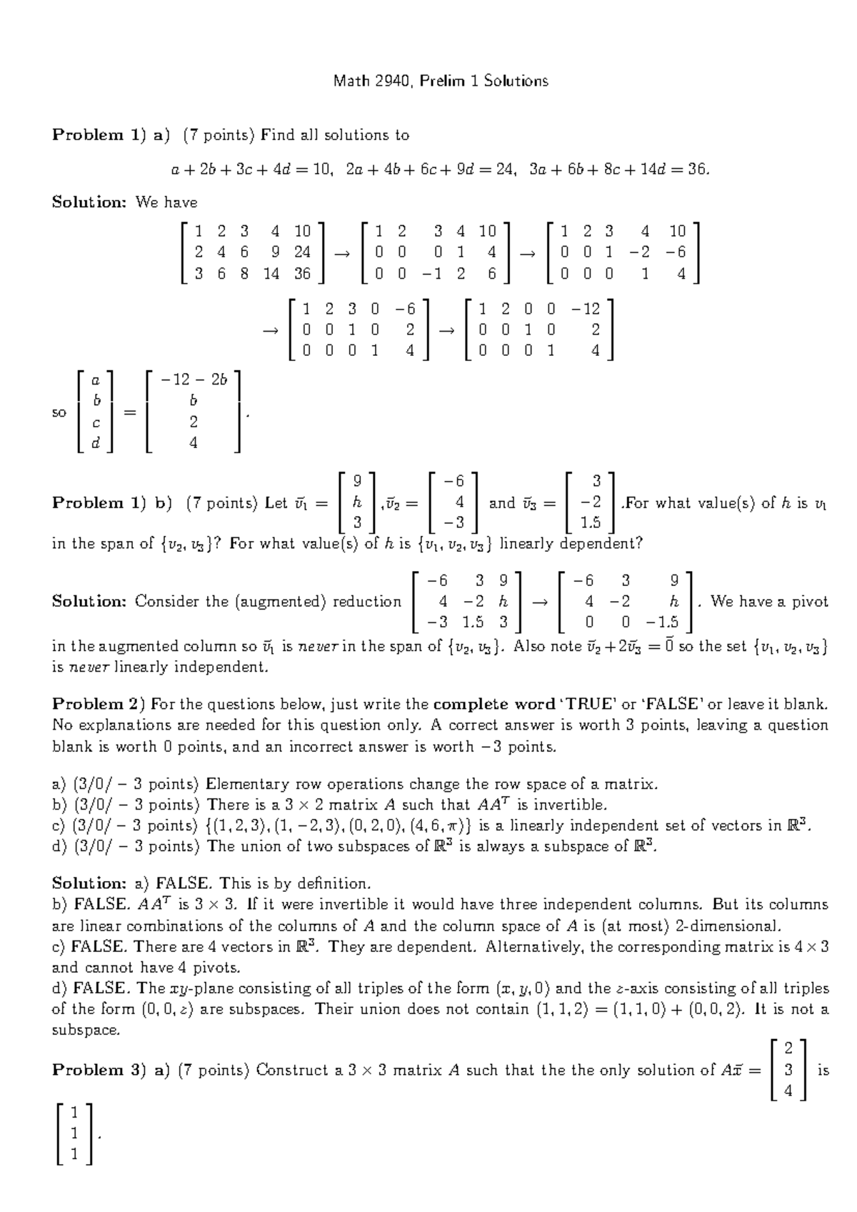 Prelim 1solution - Math 2940, Prelim 1 Solutions Problem 1) a) (7 ...