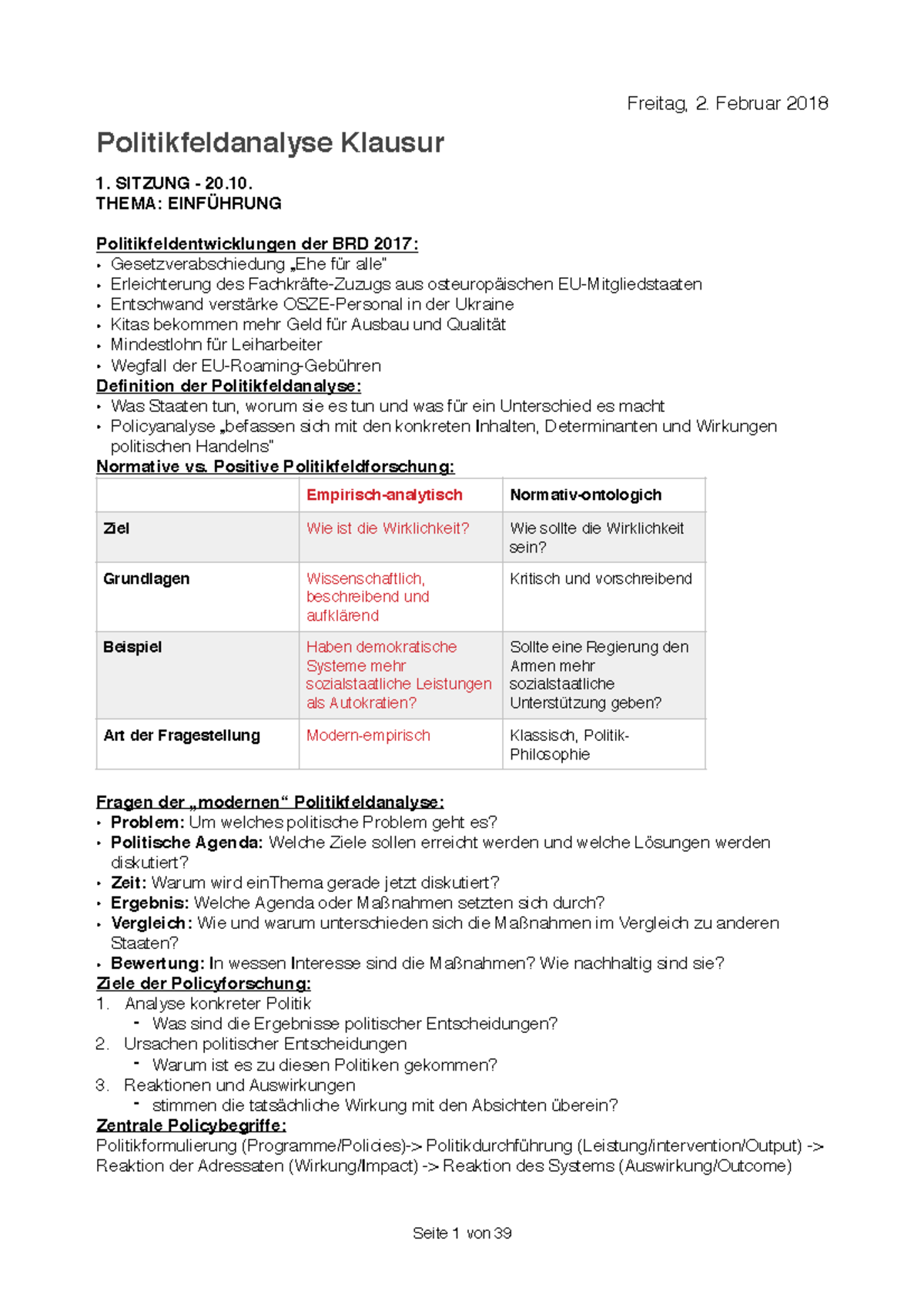 Klausur Politikfeldanalyse - Politikfeldanalyse Klausur 1. SITZUNG - 20 ...