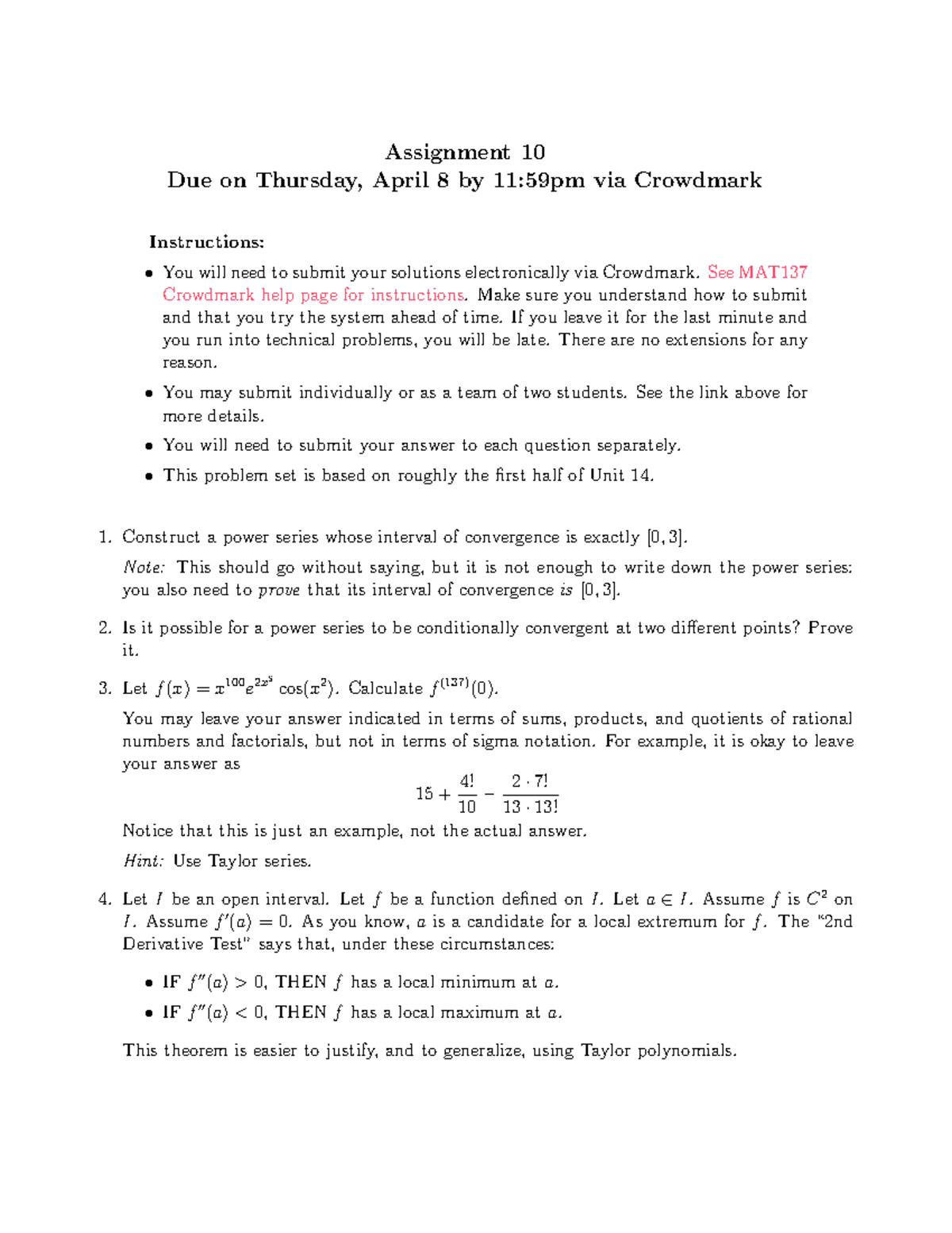 MATH 31 Assignment 10 MAT 137Y Calculus with proofs Assignment 10