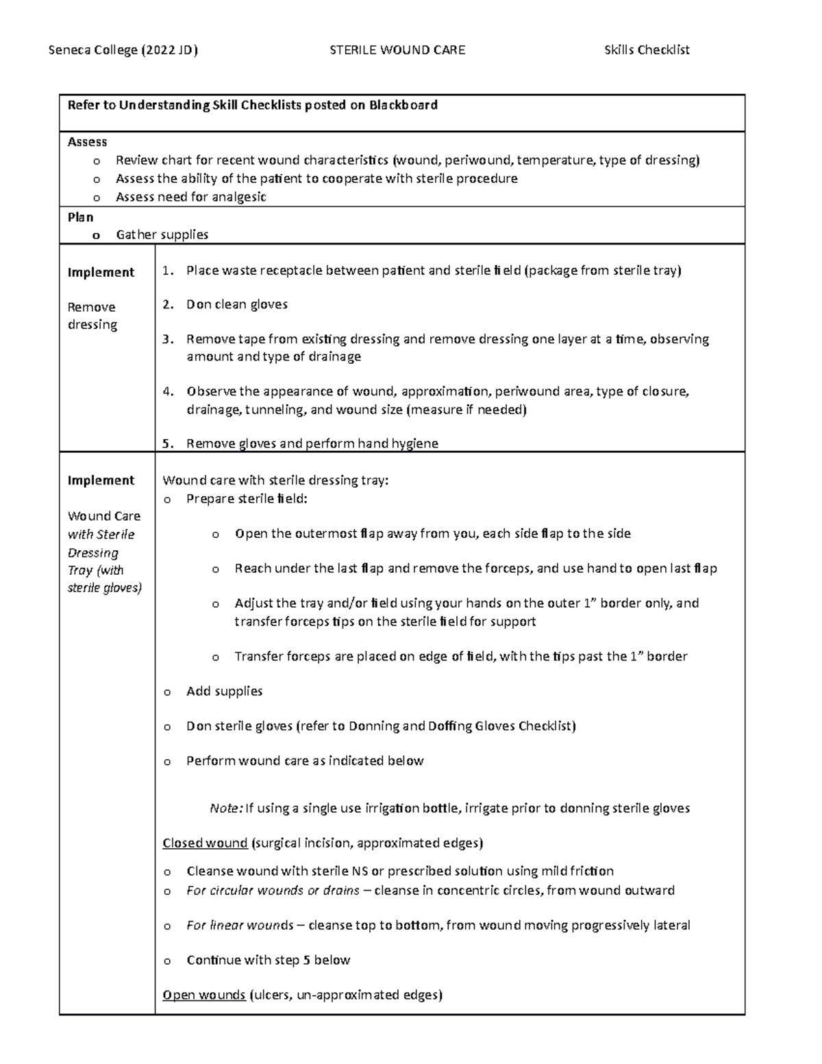 Sterile Wound Care Checklist 2022 JD - Seneca College (2022 JD) STERILE ...