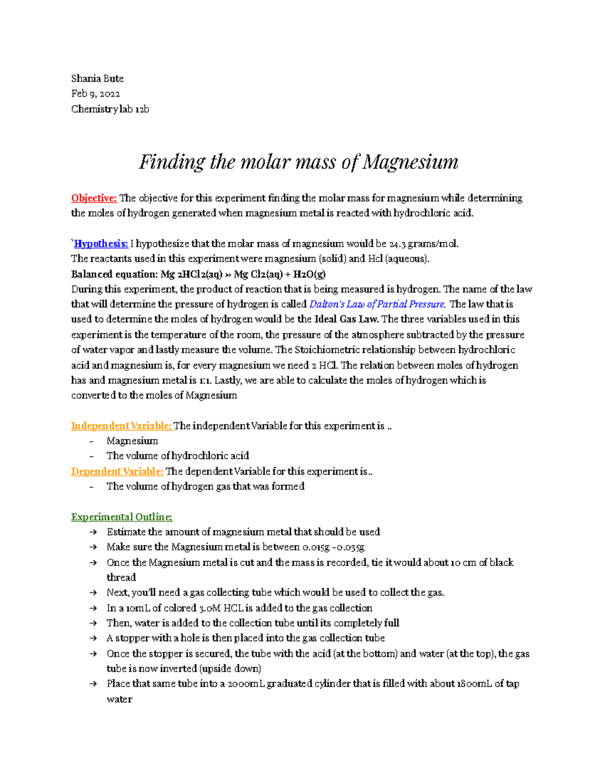 Chem Lab Finding the Molar mass of Magnesium Shania Bute Feb 9, 2022