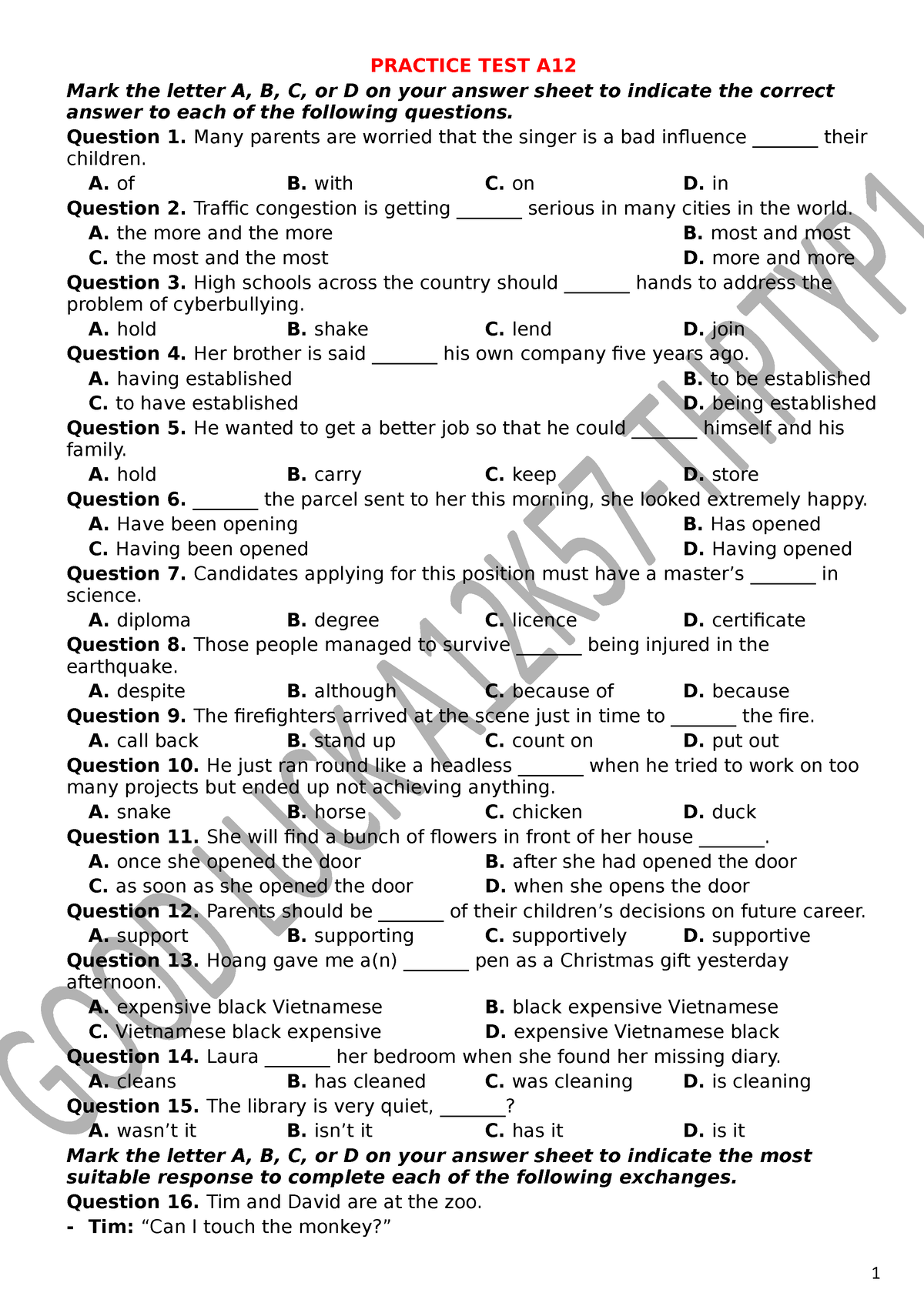 Practice TEST A12 - I Need Free Trial - PRACTICE TEST A Mark The Letter ...