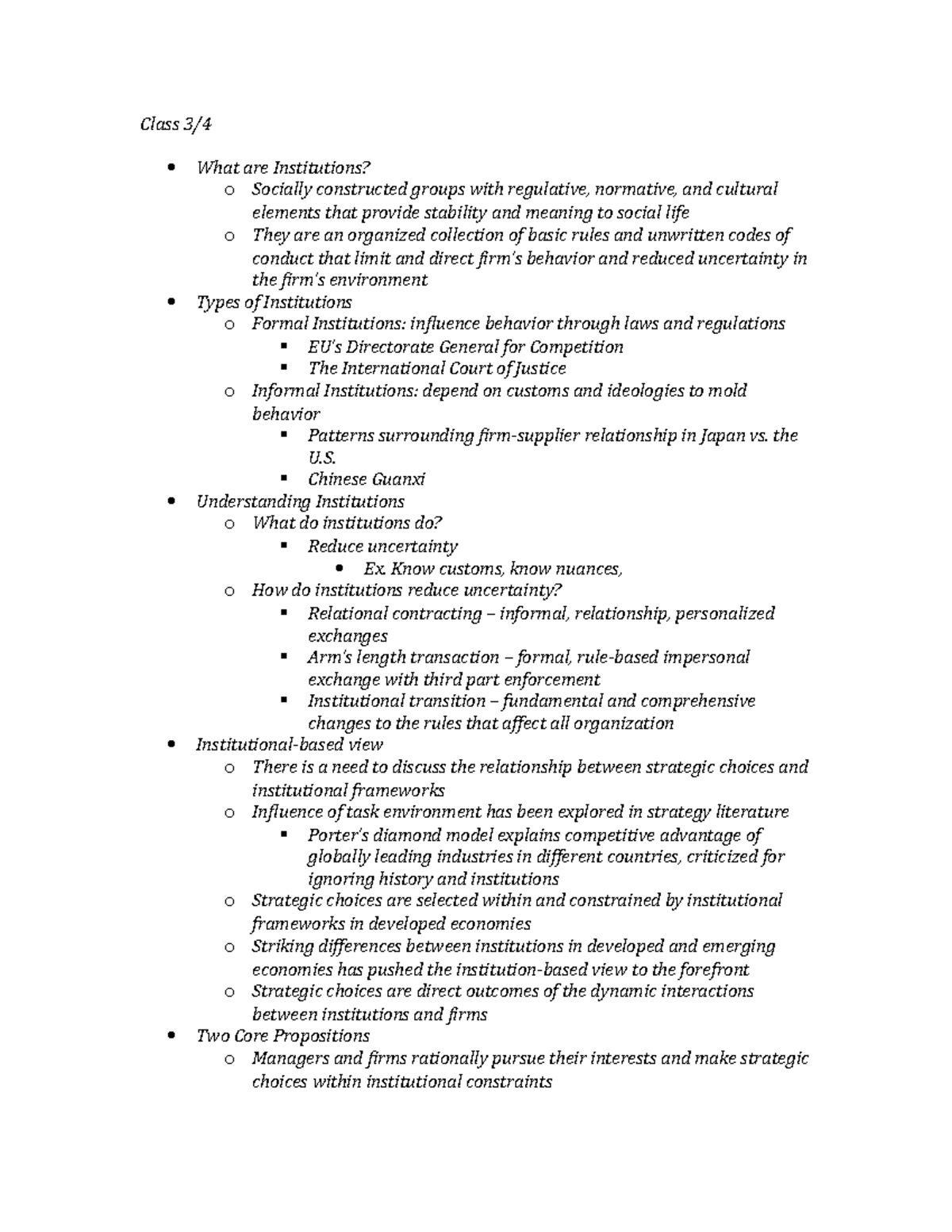 Class 4 Lecture Notes - Class 3/ What are Institutions? o Socially ...