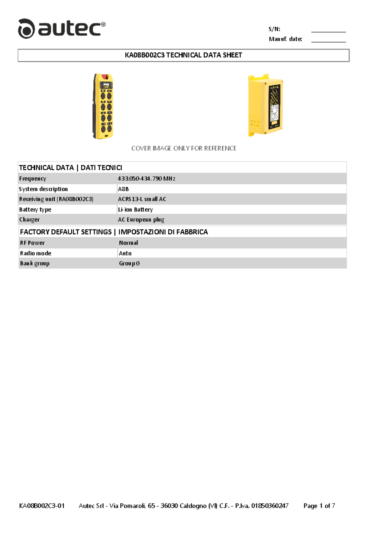 KA08B002C3 KA08B002C3-01 - Manuf. date: ___________ COVER IMAGE ONLY ...