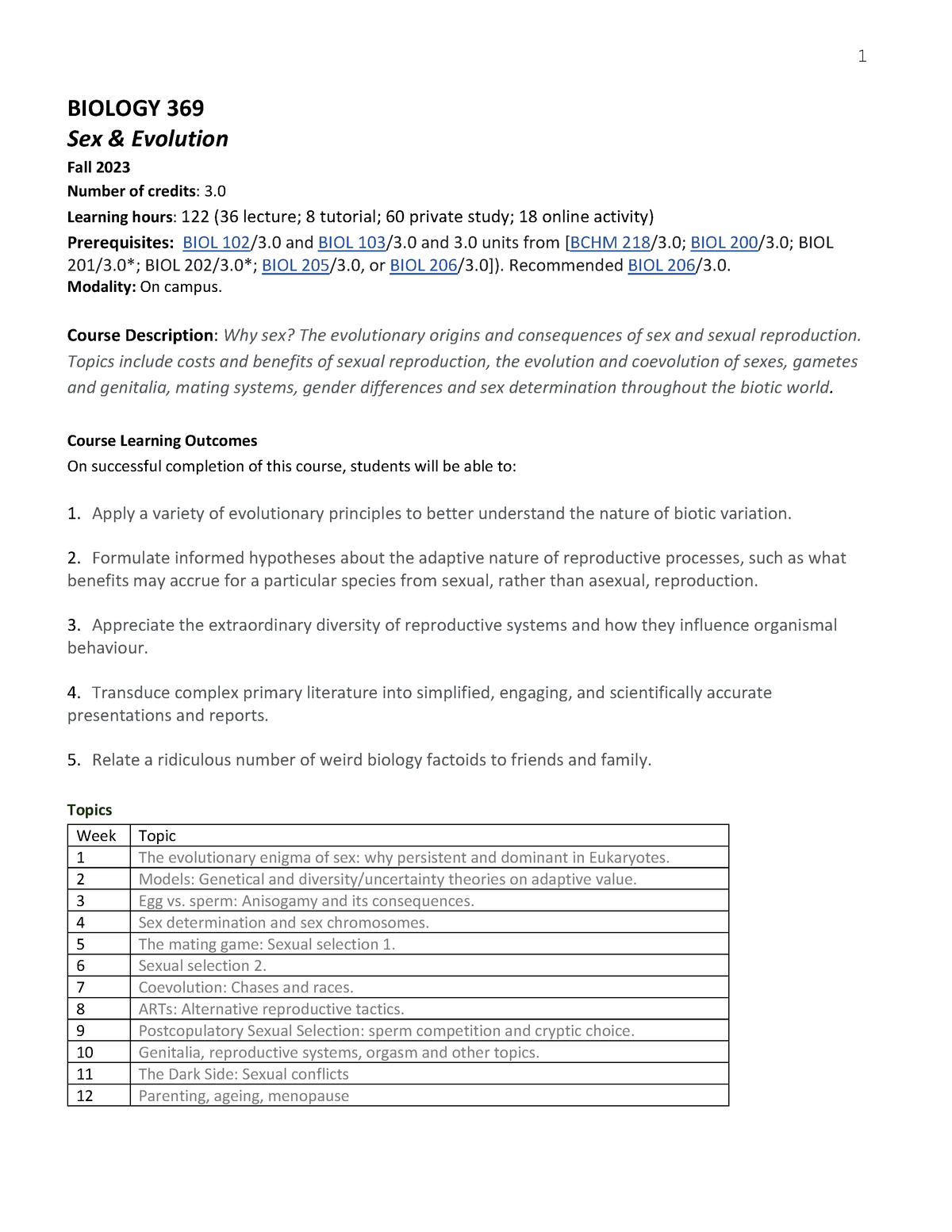 Biol Syllabus 2023 Biology 369 Sex And Evolution Fall 2023 Number Of Credits 3 Learning Hours 