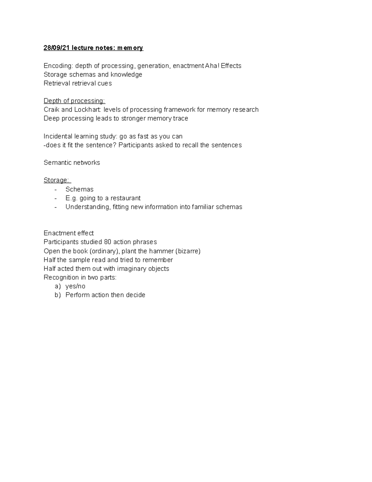 28 09 21 lecture notes memory psych 411 lecture notes psychology - 28 ...