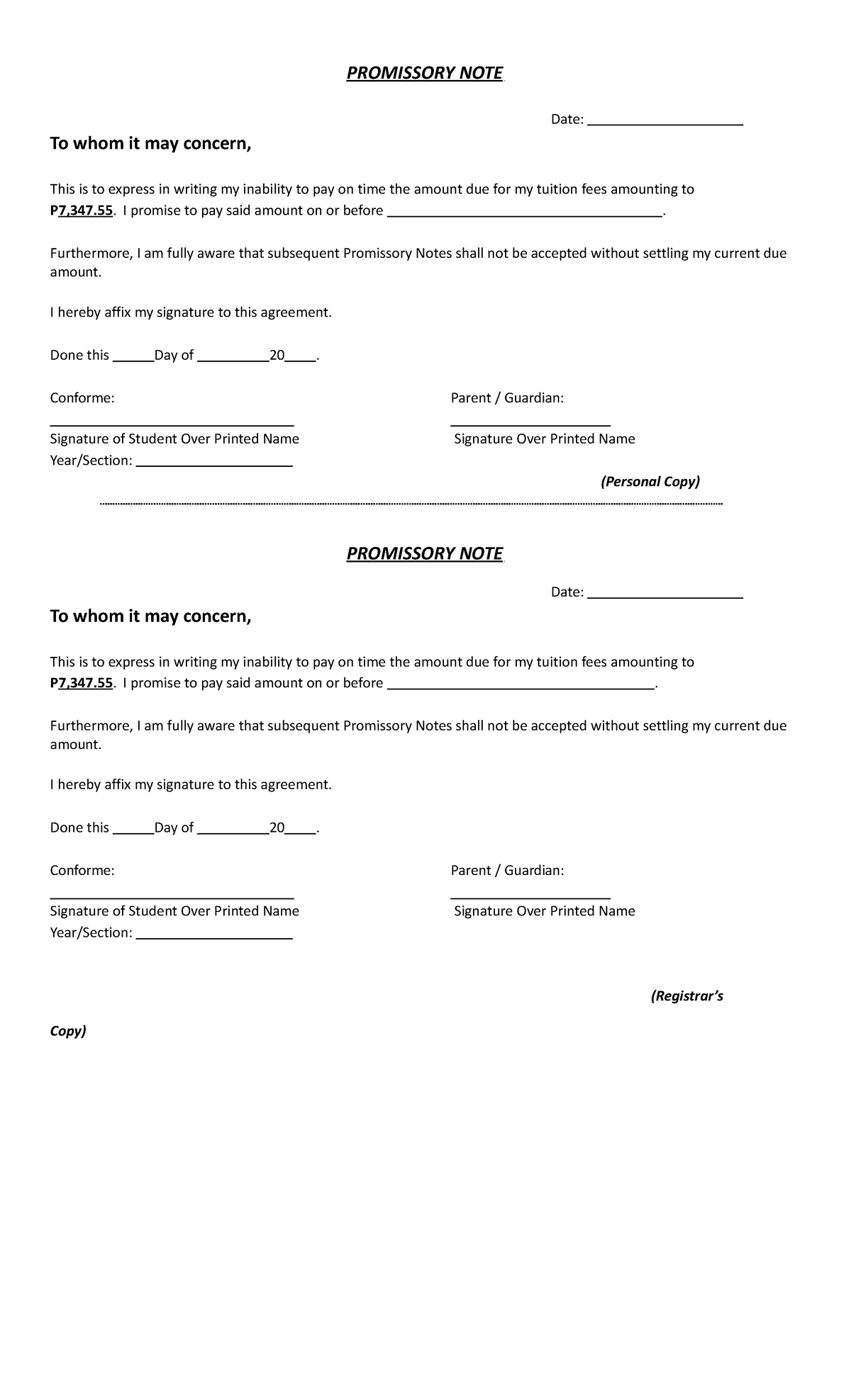 Promissory NOTE Forms - PROMISSORY NOTE To whom it may concern, Date ...