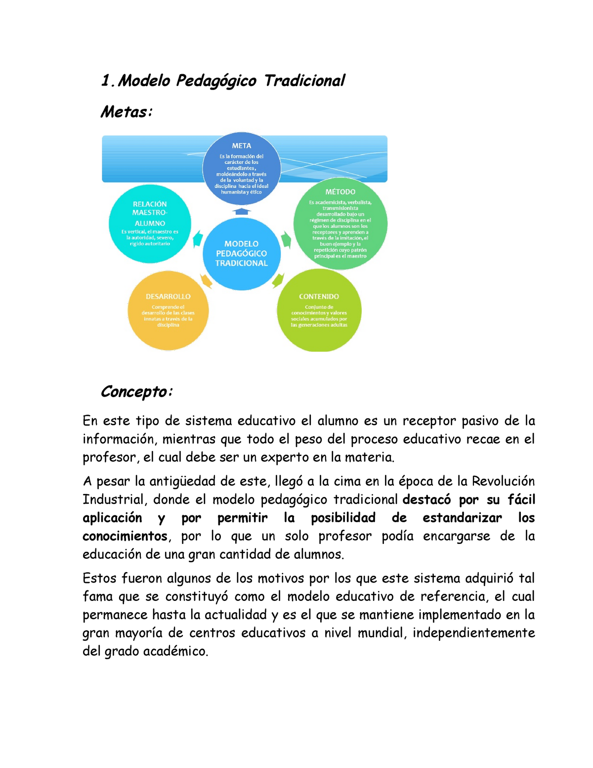Modelos Pedagogicos - 1 Pedagógico Tradicional Metas: Concepto: En este  tipo de sistema educativo el - Studocu