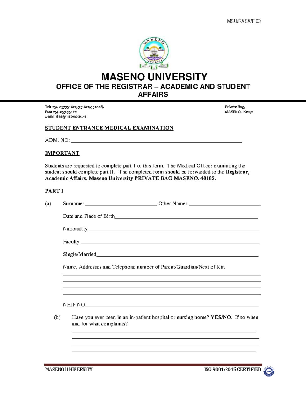Students Medical Examination FORM - MSU/RASA/F. MASENO UNIVERSITY ISO ...