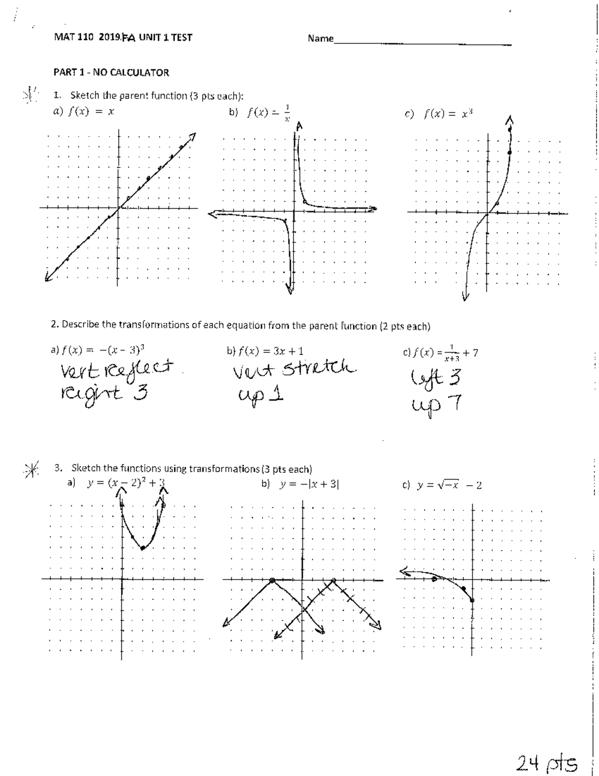 2019 FA Test 1 Solutions No Calculator A & B - MAT 110 - Studocu