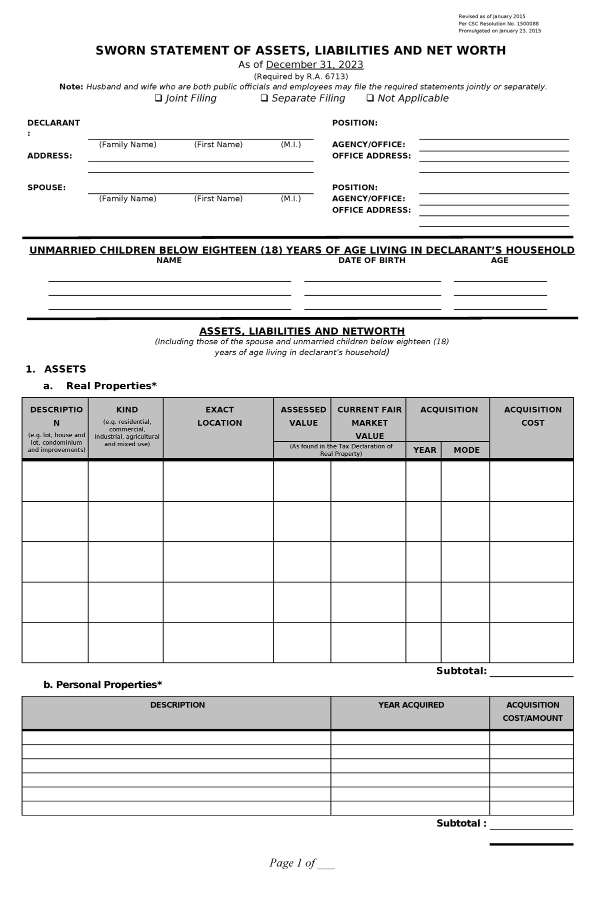 SALN- Format - Sworn Statement Of Assets And Liabilities And Net Worth ...