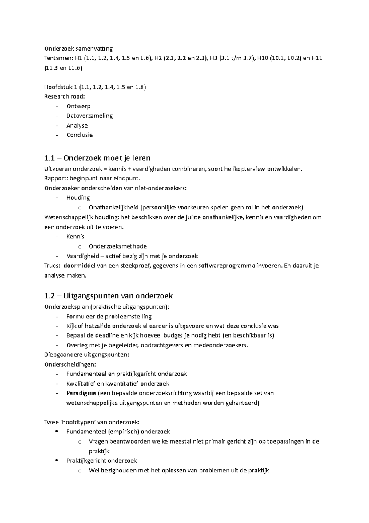 Korte Samenvatting Onderzoek - Onderzoek Samenvatting Tentamen: H1 (1 ...