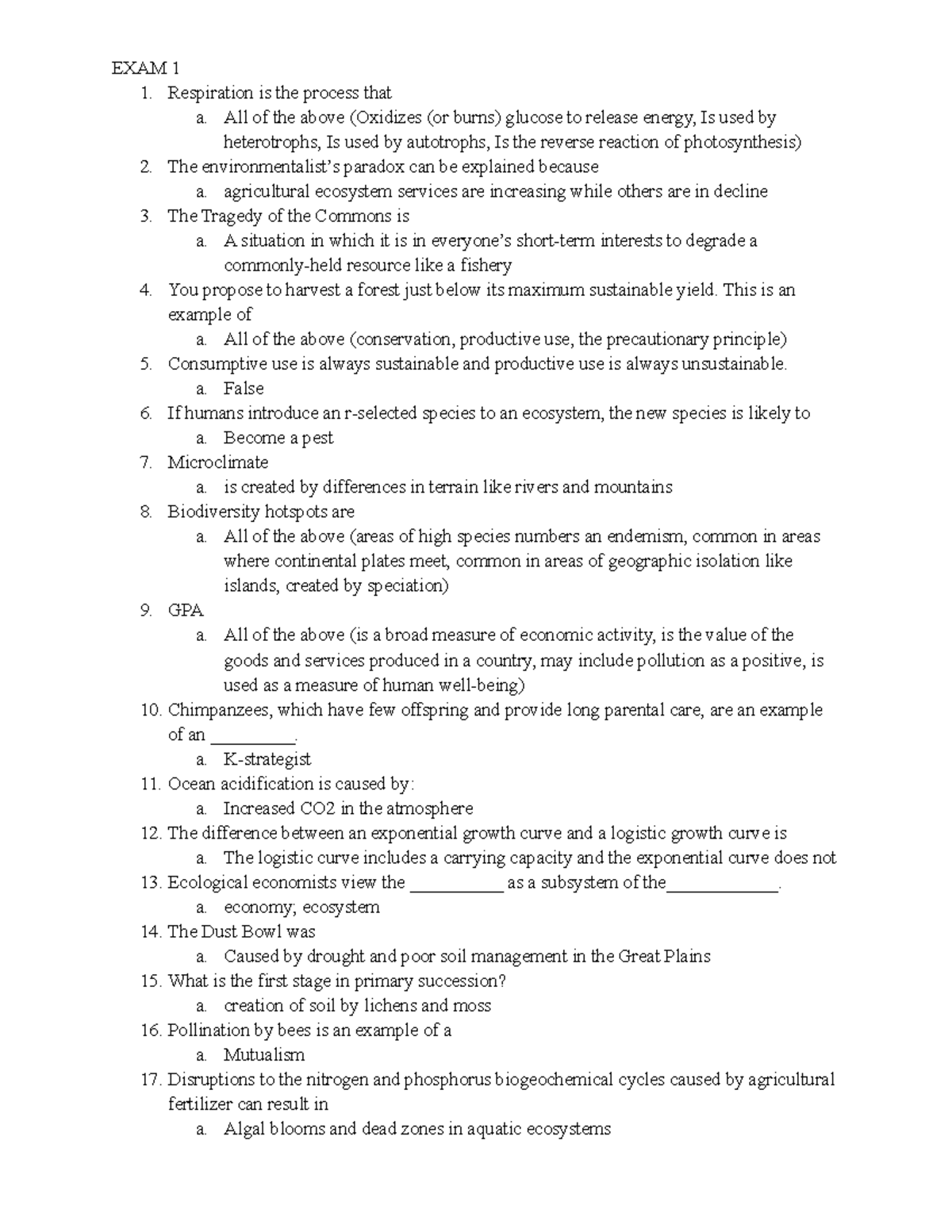 ENVS 1126 Past Exams - EXAM 1 Respiration Is The Process That A. All Of ...