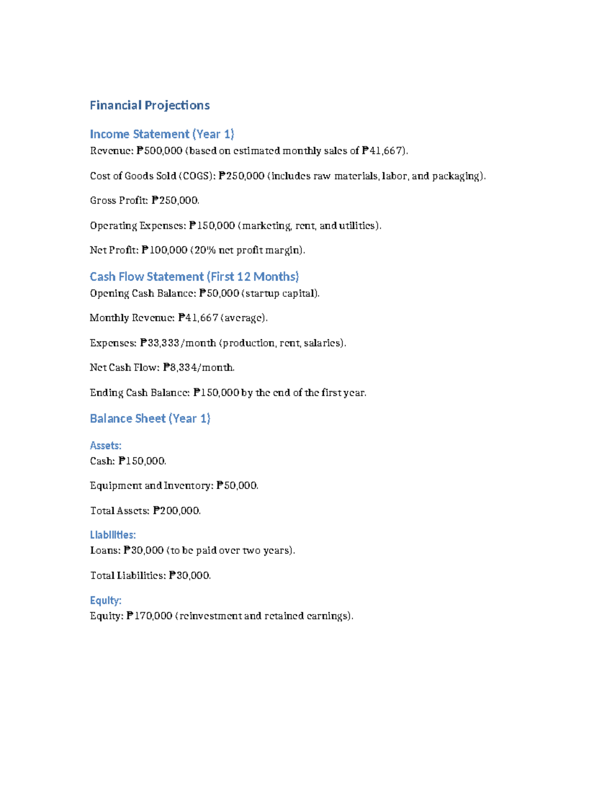 Financial Projections - Financial Projections Income Statement (Year 1 ...