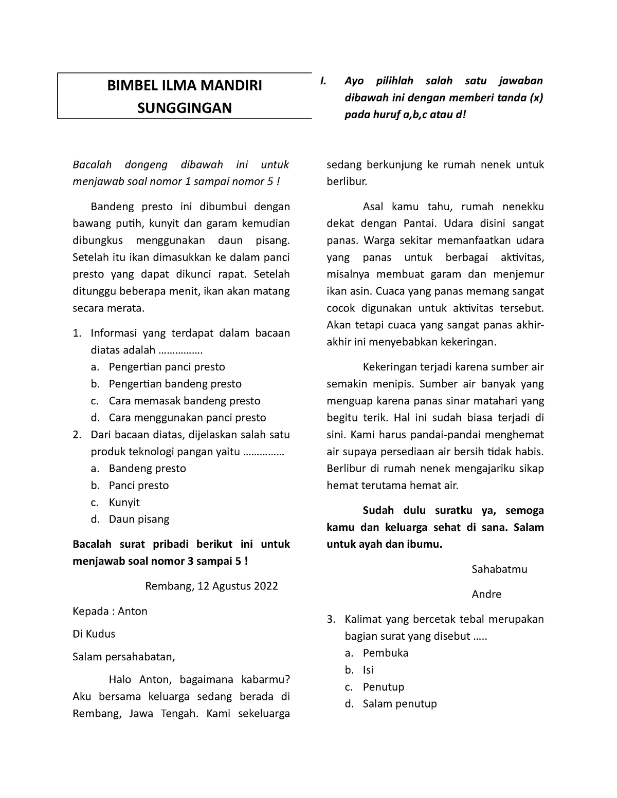 UAS 2 Bahasa Indonesia - Kumpulan Soal - BIMBEL ILMA MANDIRI SUNGGINGAN ...