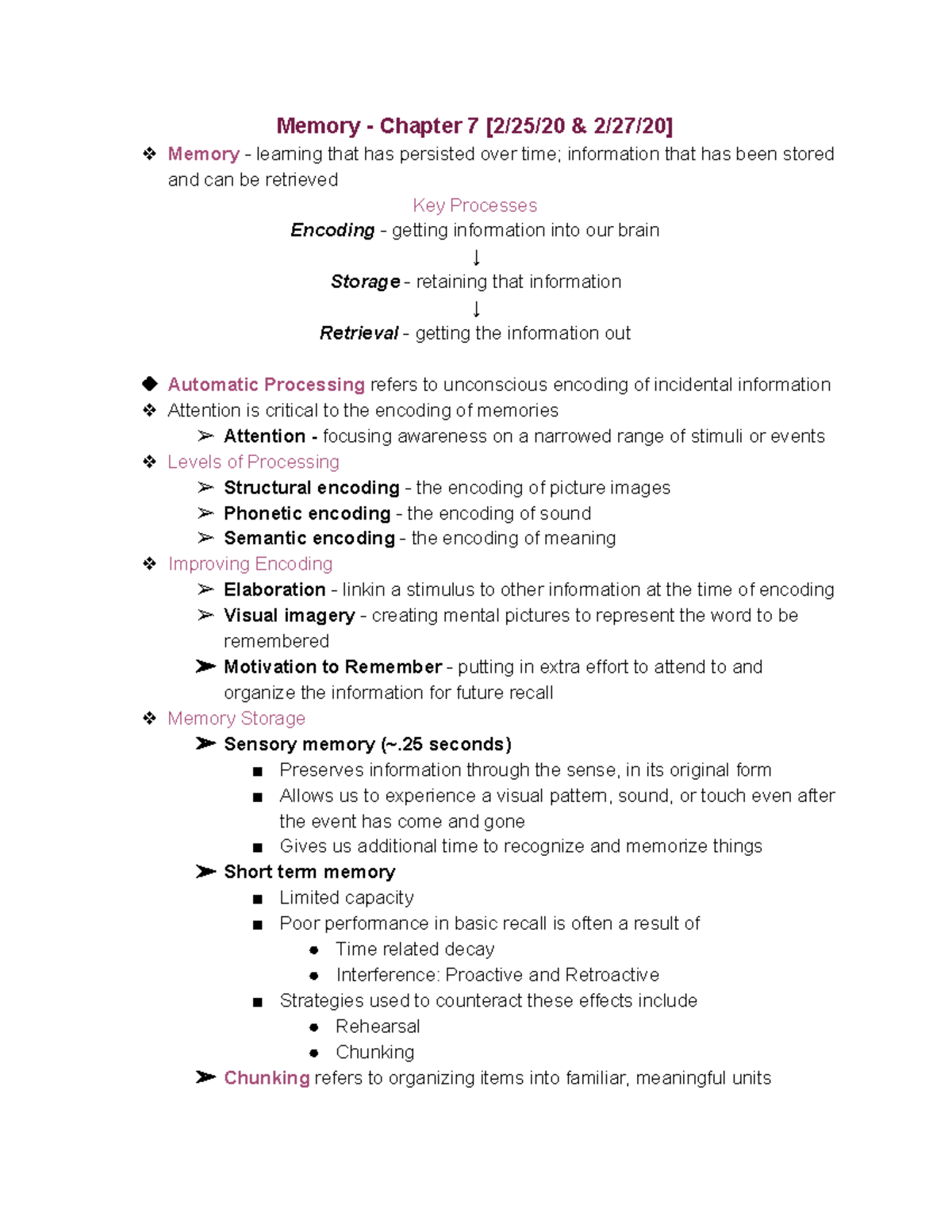 Intro To Psych Exam 2 Lecture And Book Notes - Memory - Chapter 7 [2/25 ...