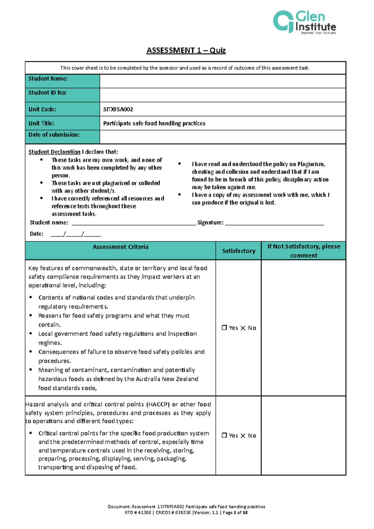 1= Assessment 1 Sitxfsa 002 Participate safe food handling practices ...