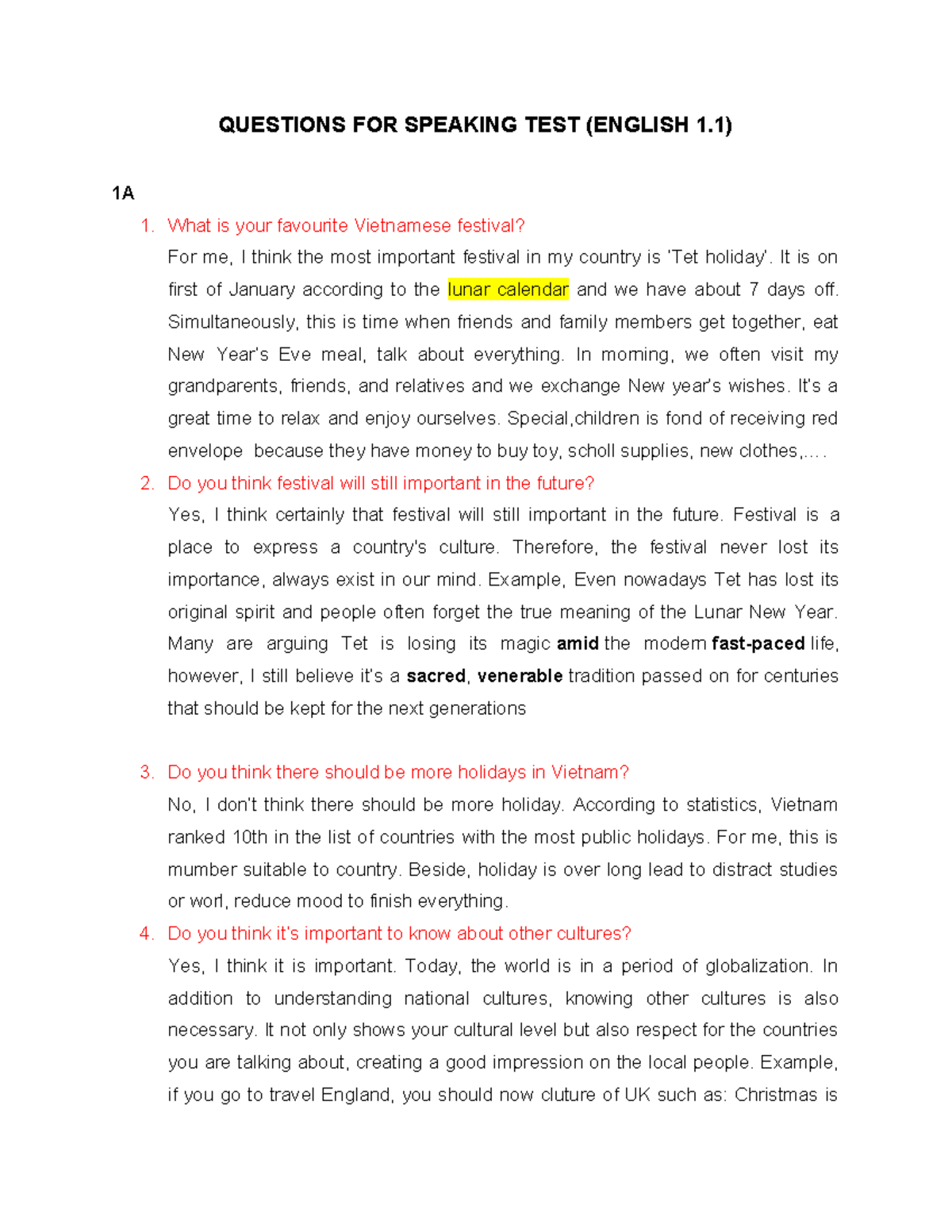 Questions for Speaking - English 1 - QUESTIONS FOR SPEAKING TEST ...