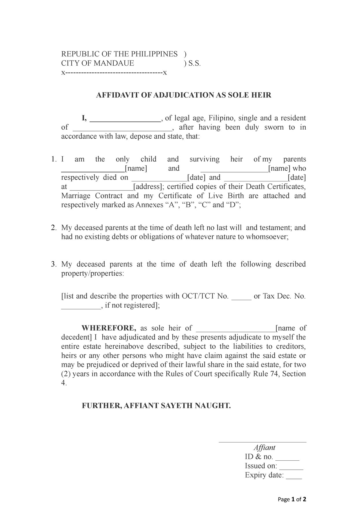 Affidavit OF Adjudication AS SOLE HEIR - REPUBLIC OF THE PHILIPPINES ...