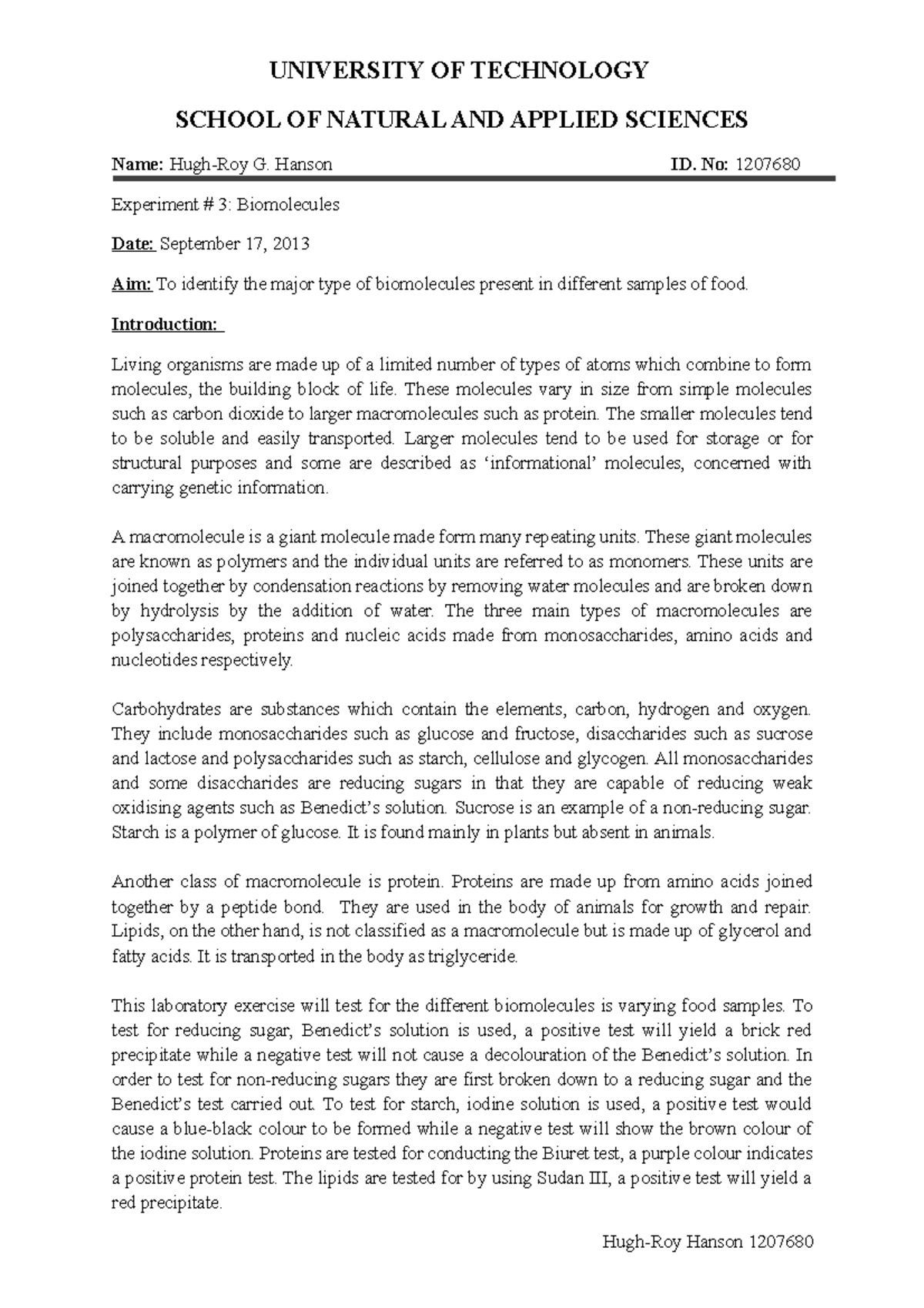 Food Test Food test Biomolecules UNIVERSITY OF TECHNOLOGY SCHOOL